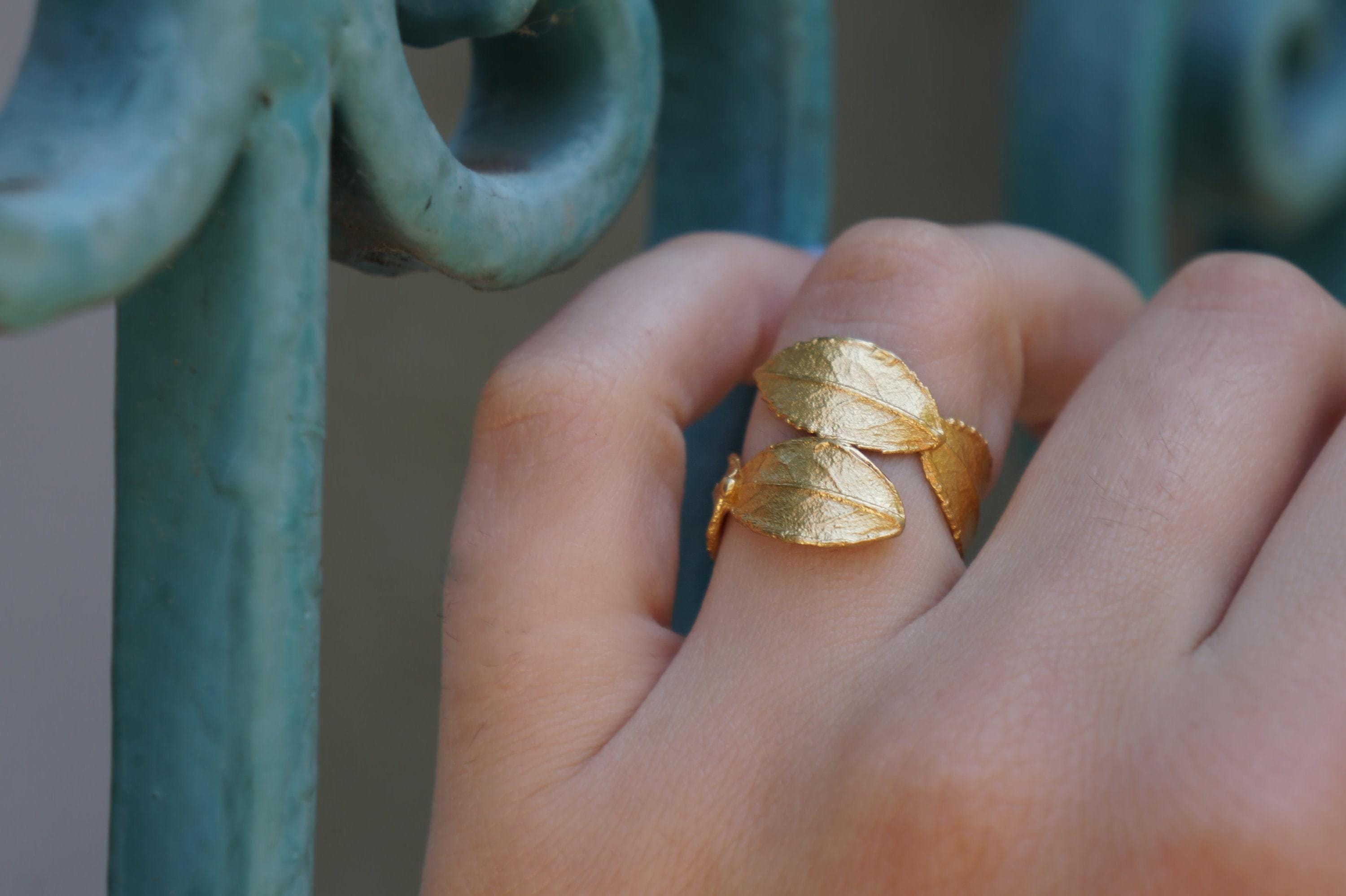 Rose Leaf Ring for Women - Handcrafted 14K Gold Plated Recycled Brass