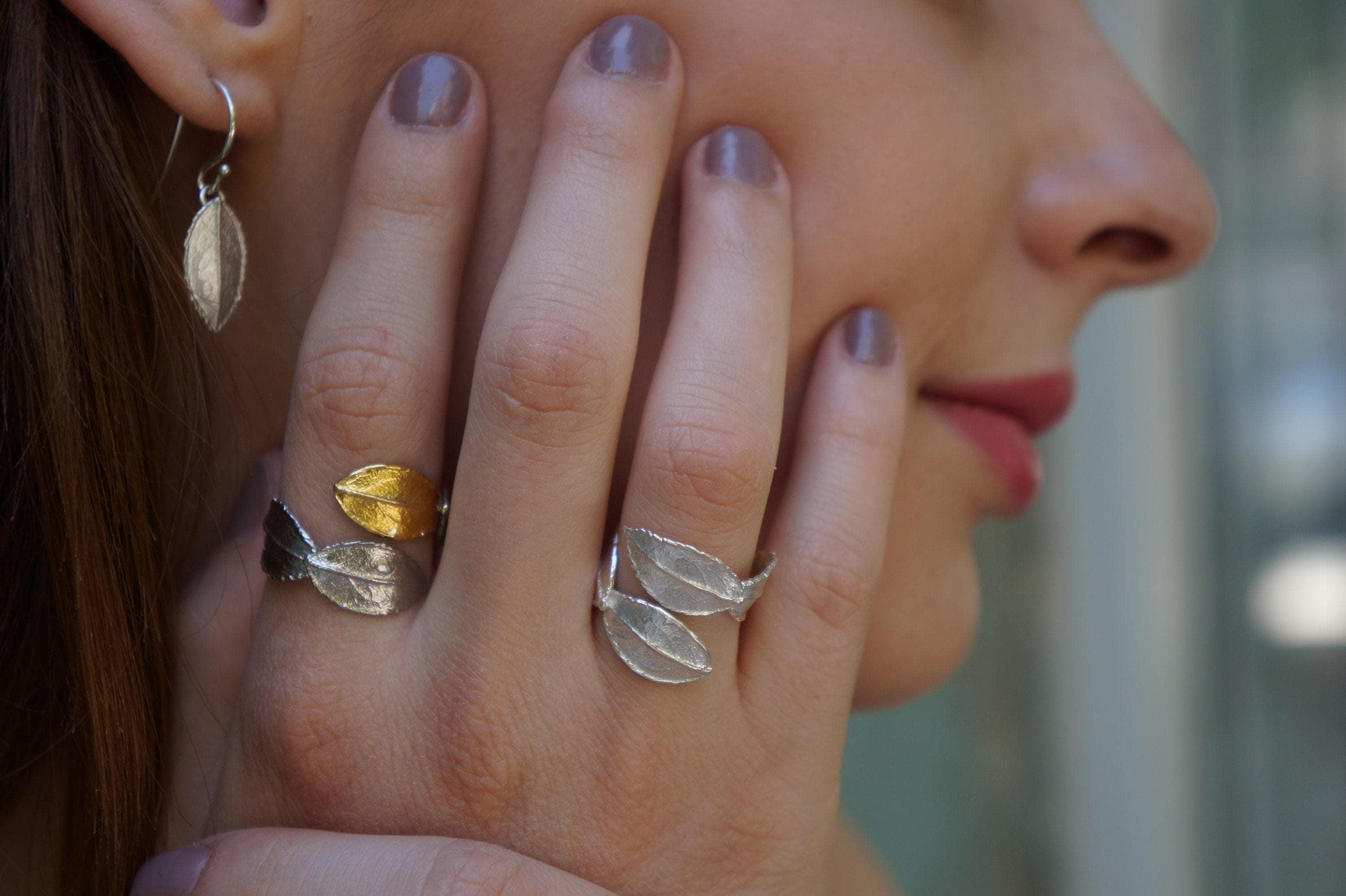 Rose Leaf Ring for Women - Handcrafted 14K Gold Plated Recycled Brass