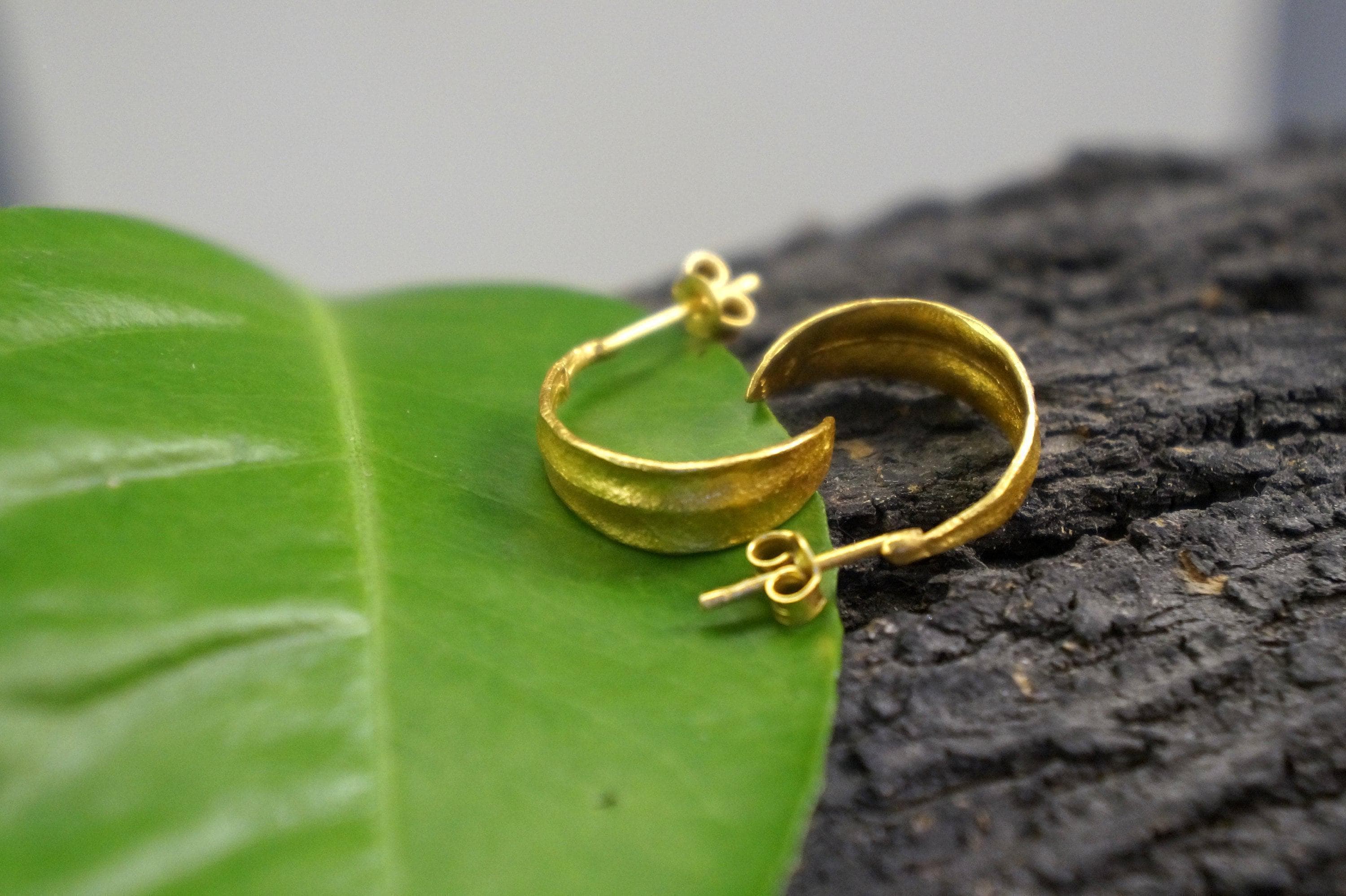Gold Olive Leaf Hoop Earrings, Handmade Minimalist Jewelry, Organic Gift for Success & Health, Eco Sustainable Sterling Silver 925