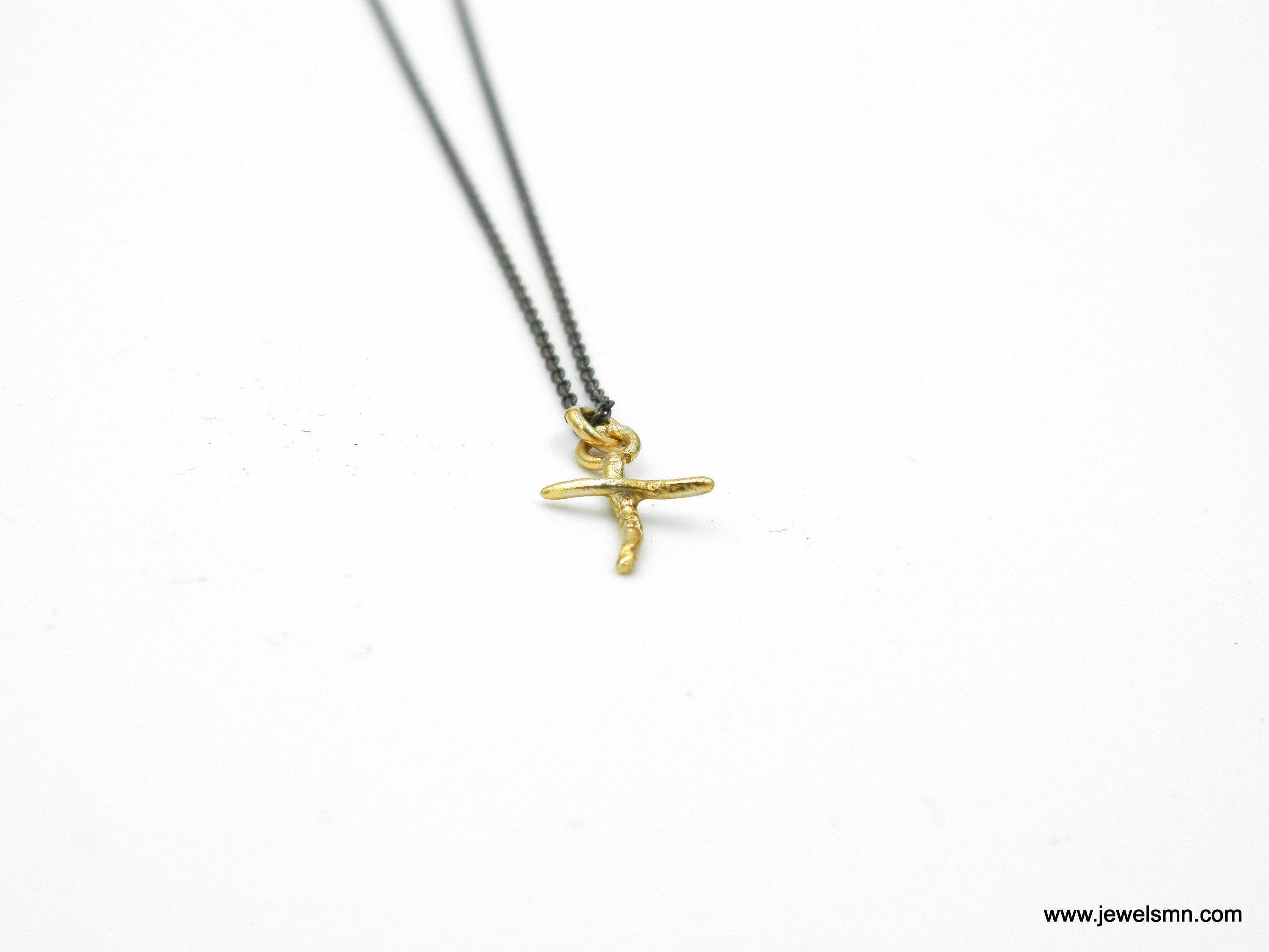 Gold Jasmine Cross Necklace, Handmade Nature Jewelry, Organic Branch Pendant, Gift for Spirituality & Faith, Sterling Silver 925