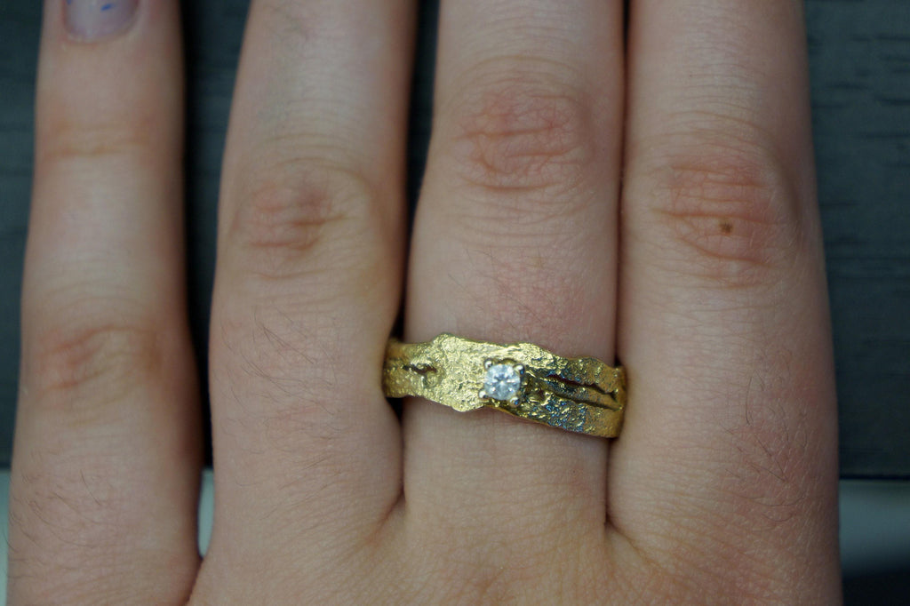 Gold Tree Bark Ring, Handmade Minimalist Jewelry, Dainty Organic Tree Band, Nature's Gift for Resilience, Sterling Silver 925