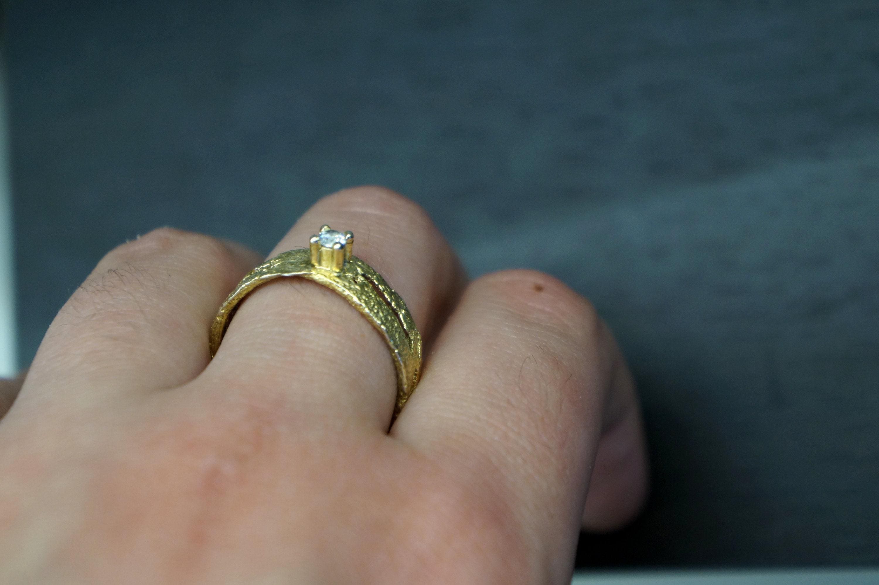 Gold Tree Bark Ring, Handmade Minimalist Jewelry, Dainty Organic Tree Band, Nature's Gift for Resilience, Sterling Silver 925
