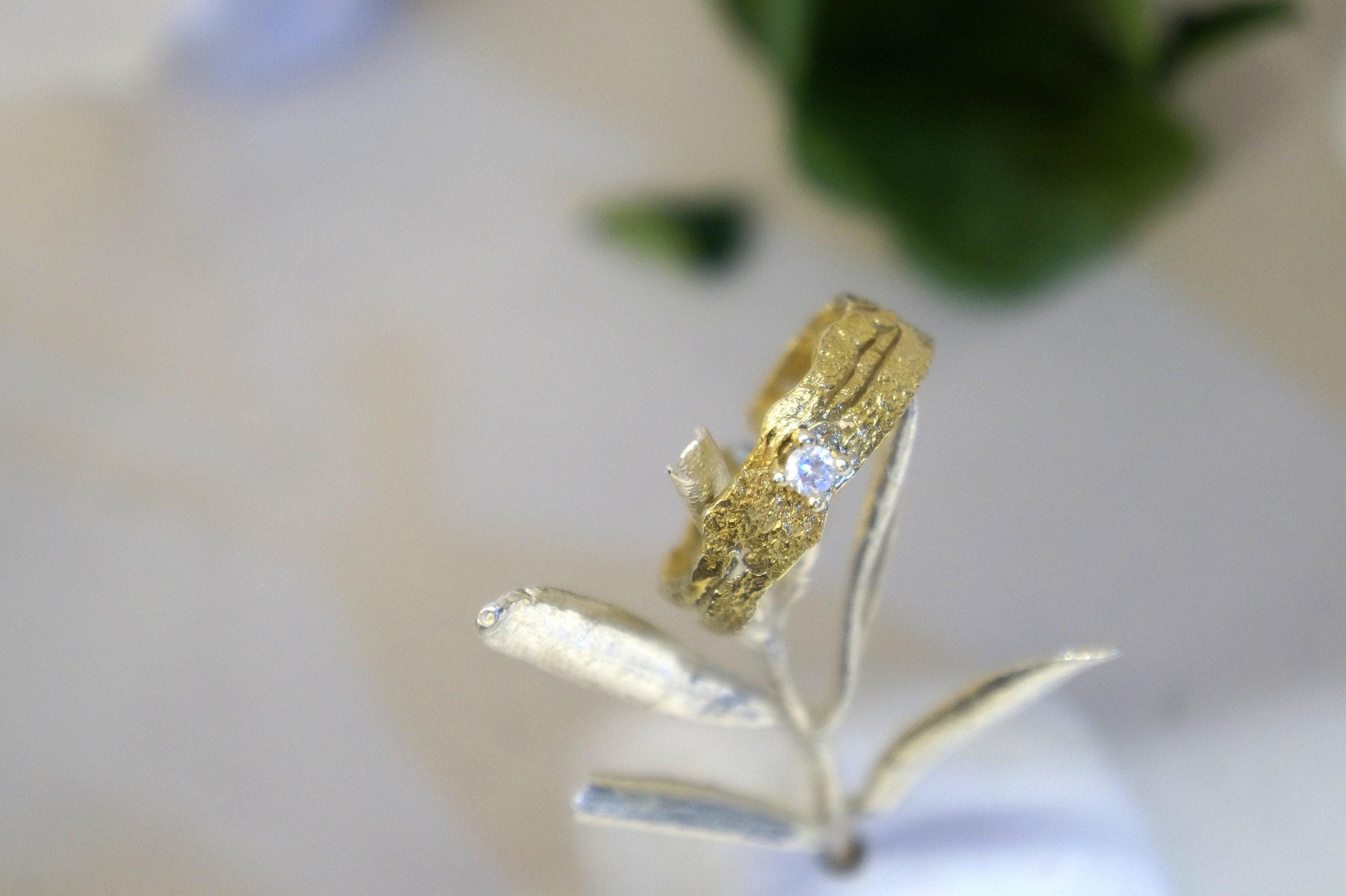 Gold Tree Bark Ring, Handmade Minimalist Jewelry, Dainty Organic Tree Band, Nature's Gift for Resilience, Sterling Silver 925