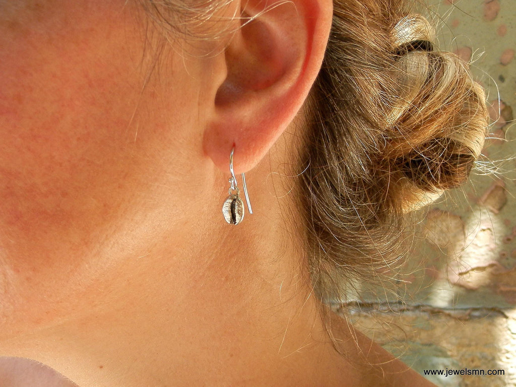 Real Coffee Bean Silver Studs, Handmade Minimalist Jewelry, Organic Earrings, Gift for Energy & Luck, Eco Sustainable Sterling Silver 925