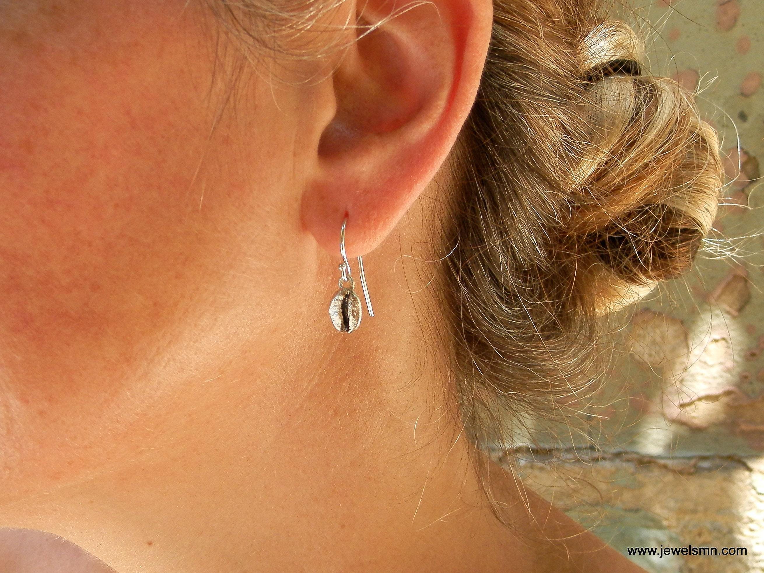 Real Coffee Bean Silver Studs, Handmade Minimalist Jewelry, Organic Earrings, Gift for Energy & Luck, Eco Sustainable Sterling Silver 925