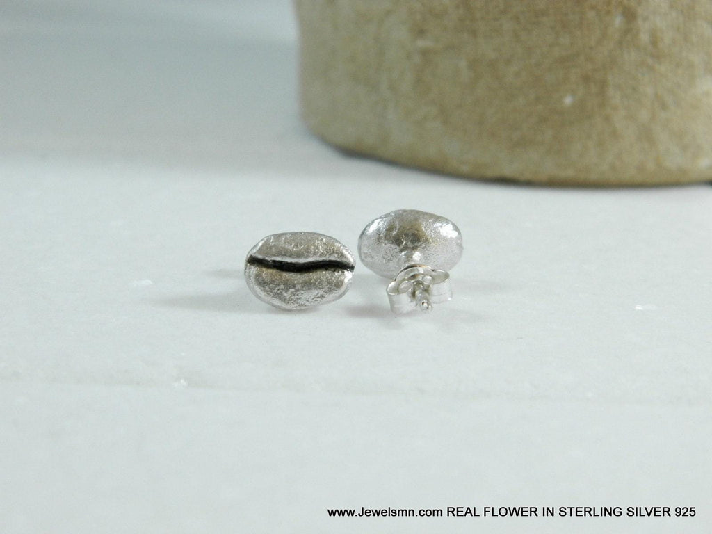 Real Coffee Bean Silver Studs, Handmade Minimalist Jewelry, Organic Earrings, Gift for Energy & Luck, Eco Sustainable Sterling Silver 925