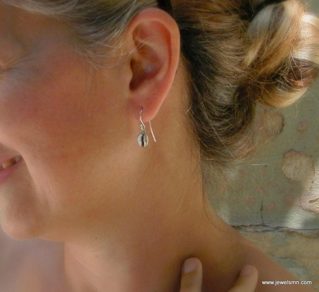 Real Coffee Bean Silver Studs, Handmade Minimalist Jewelry, Organic Earrings, Gift for Energy & Luck, Eco Sustainable Sterling Silver 925