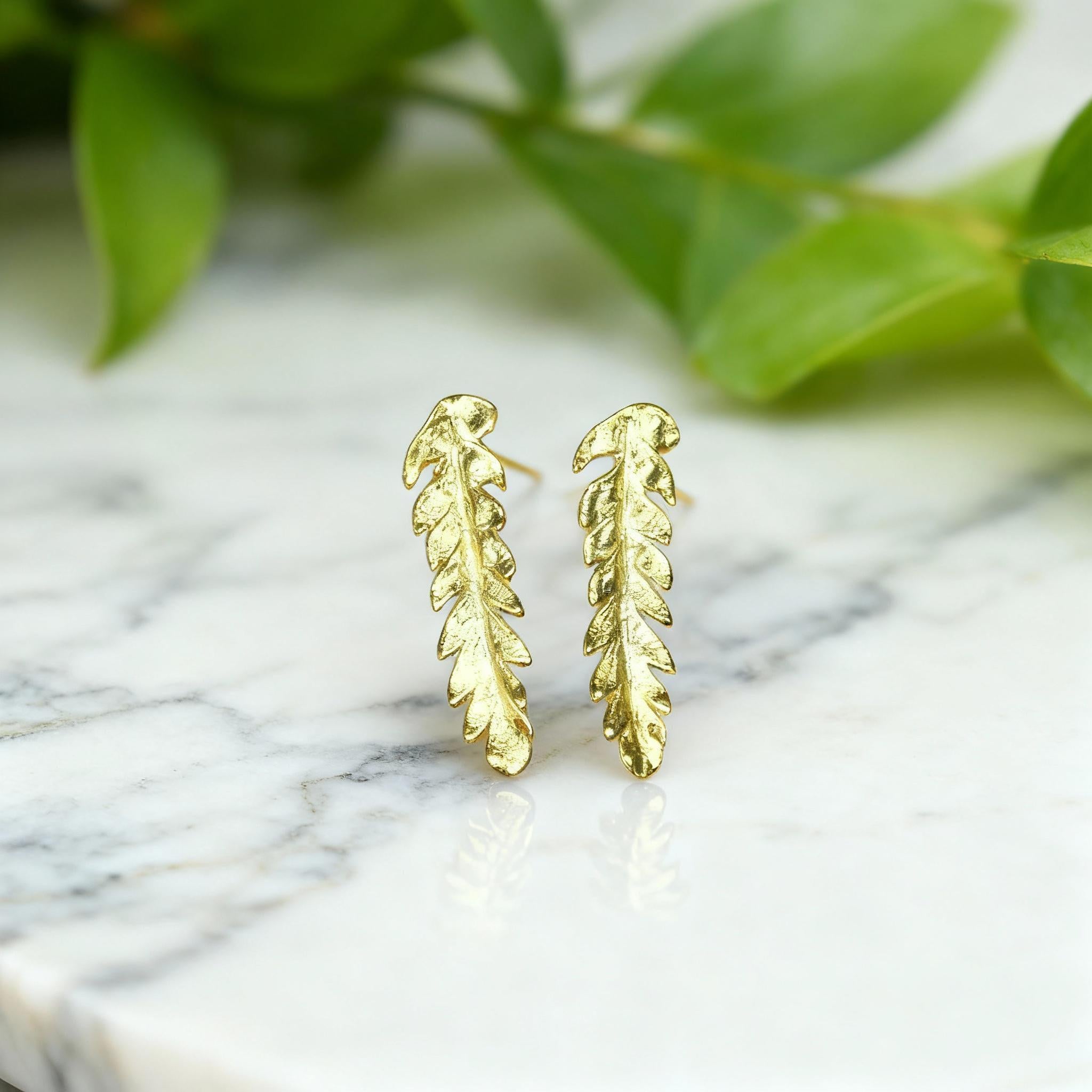Fern Leaf Earrings: Gold Plated Sterling Silver - Nature Inspired Studs