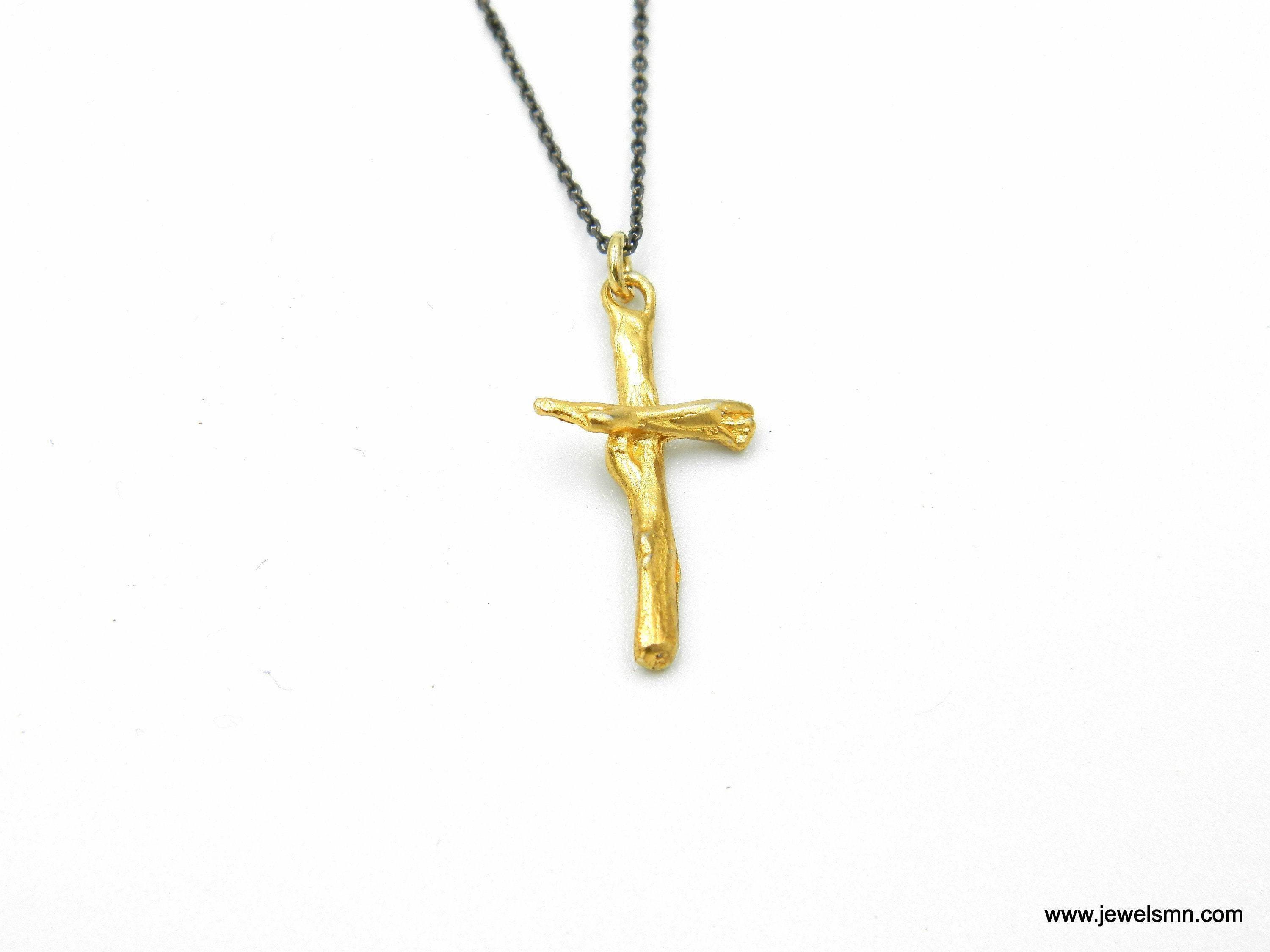 Gold Olive Branch Cross Necklace, Handmade Minimalist Jewelry, Organic Tree Pendant, Gift for Spirituality & Protection, Sterling Silver 925