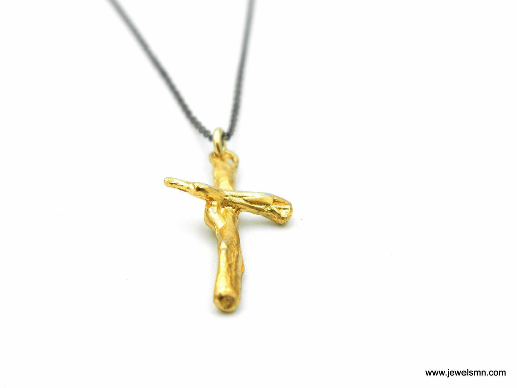 Gold Olive Branch Cross Necklace, Handmade Minimalist Jewelry, Organic Tree Pendant, Gift for Spirituality & Protection, Sterling Silver 925