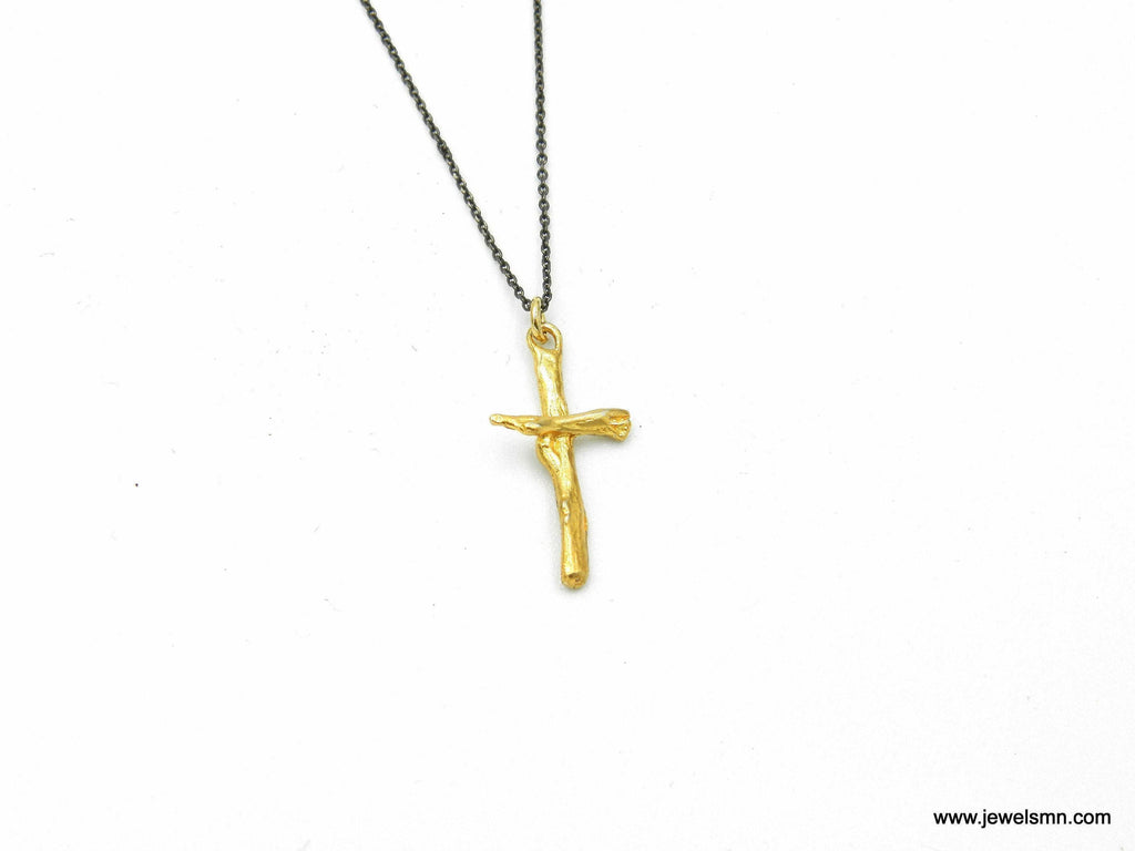 Gold Olive Branch Cross Necklace, Handmade Minimalist Jewelry, Organic Tree Pendant, Gift for Spirituality & Protection, Sterling Silver 925