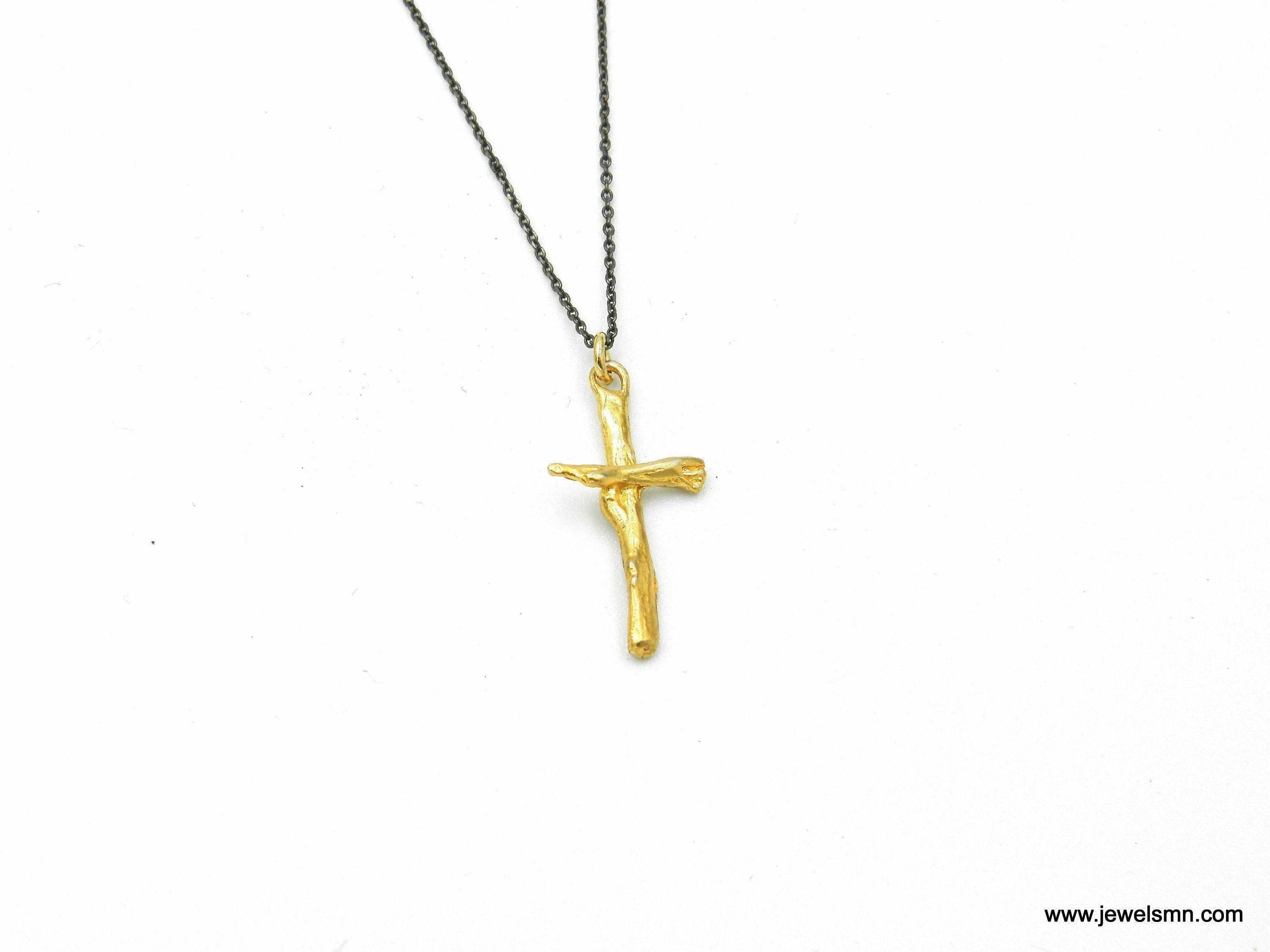 Gold Olive Branch Cross Necklace, Handmade Minimalist Jewelry, Organic Tree Pendant, Gift for Spirituality & Protection, Sterling Silver 925