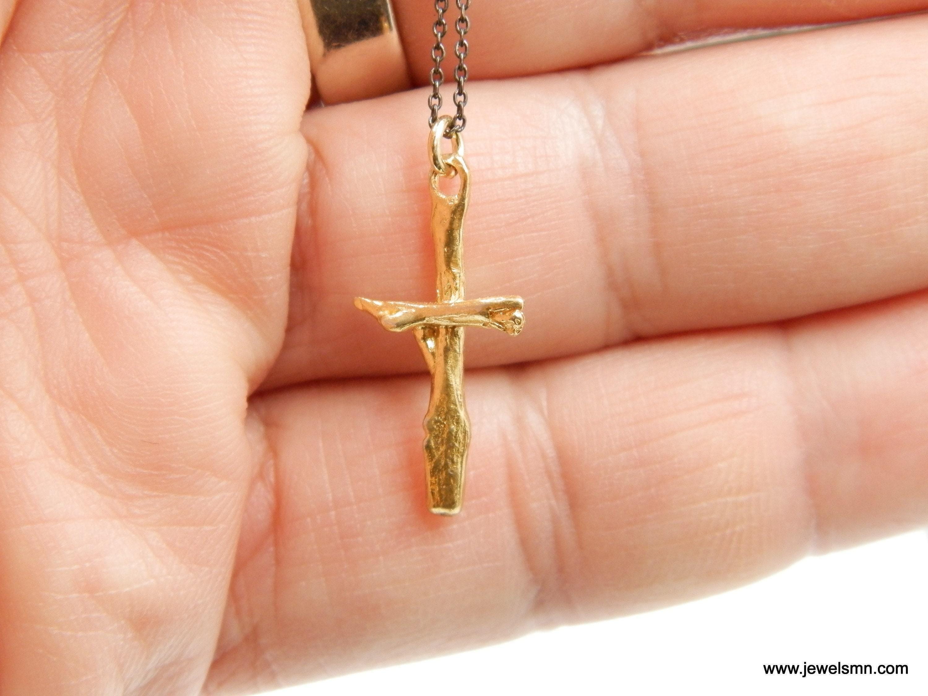 Gold Olive Branch Cross Necklace, Handmade Minimalist Jewelry, Organic Tree Pendant, Gift for Spirituality & Protection, Sterling Silver 925