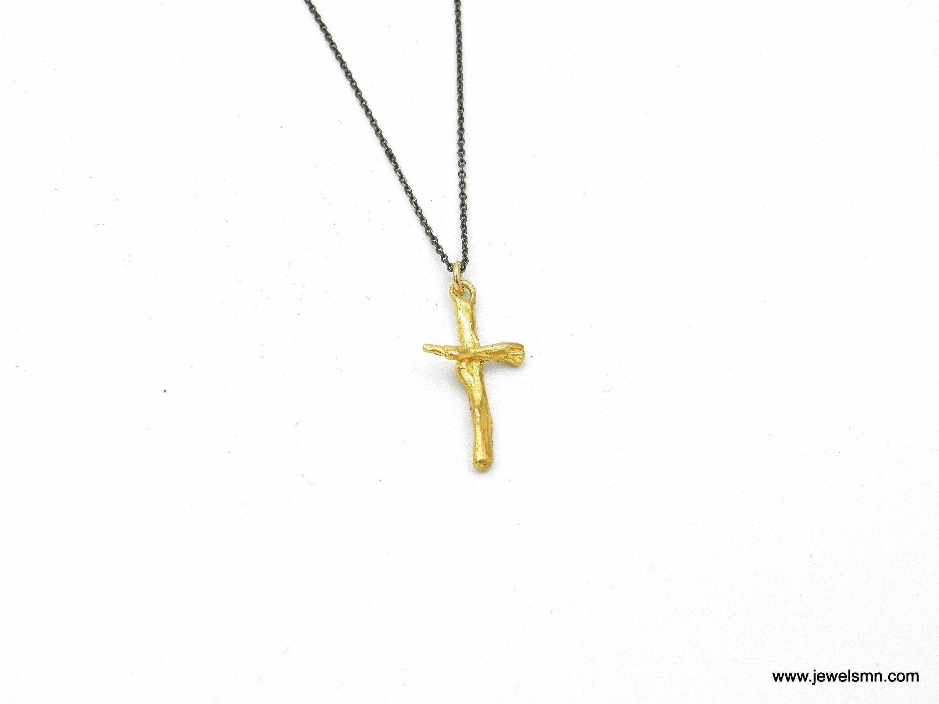 Gold Olive Branch Cross Necklace, Handmade Minimalist Jewelry, Organic Tree Pendant, Gift for Spirituality & Protection, Sterling Silver 925