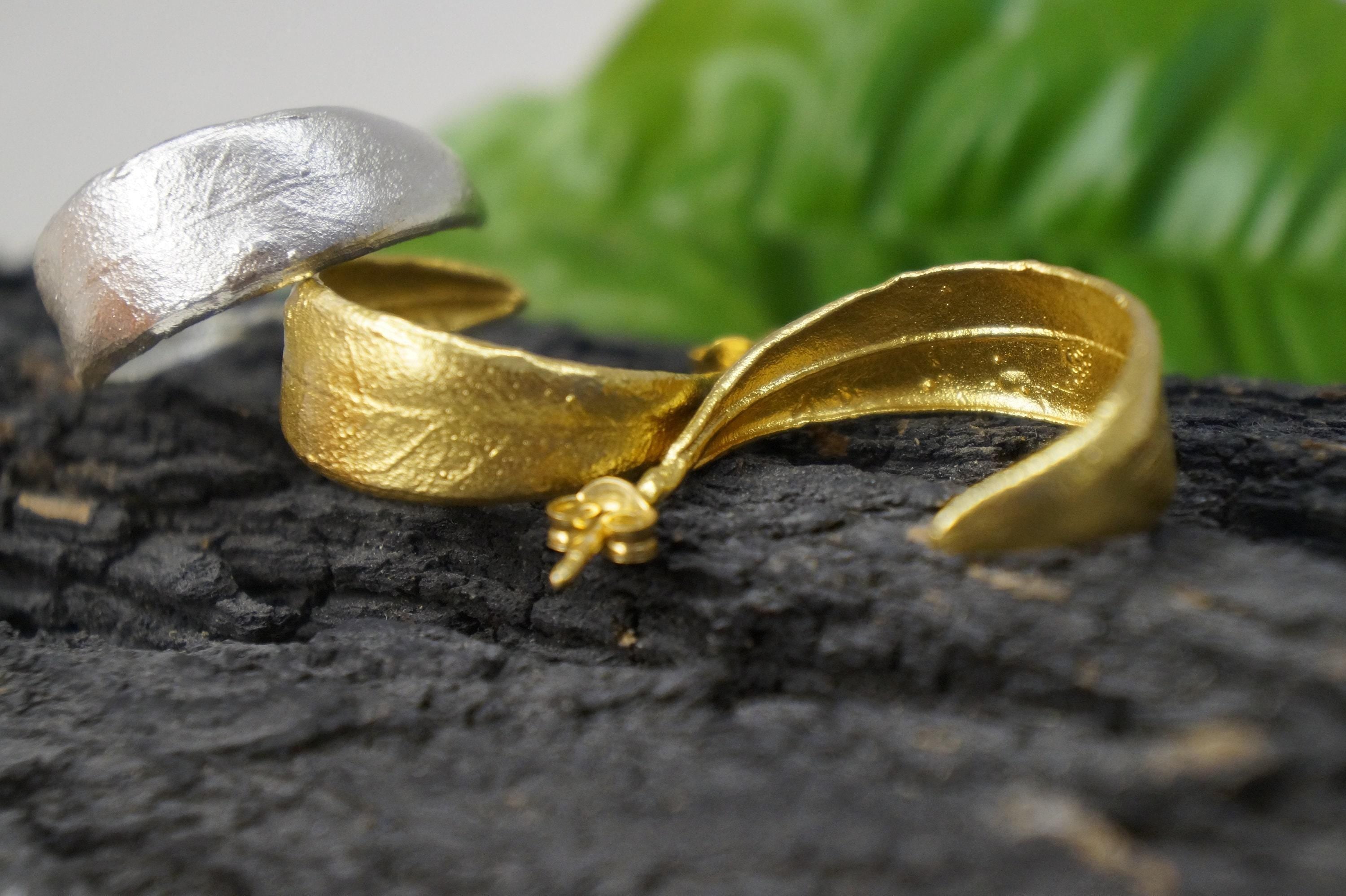 Gold Olive Leaf Earrings, Handmade Nature Jewelry, Organic Tree Hoops, Gift for Resilience & Growth, Eco Sustainable Sterling Silver 925
