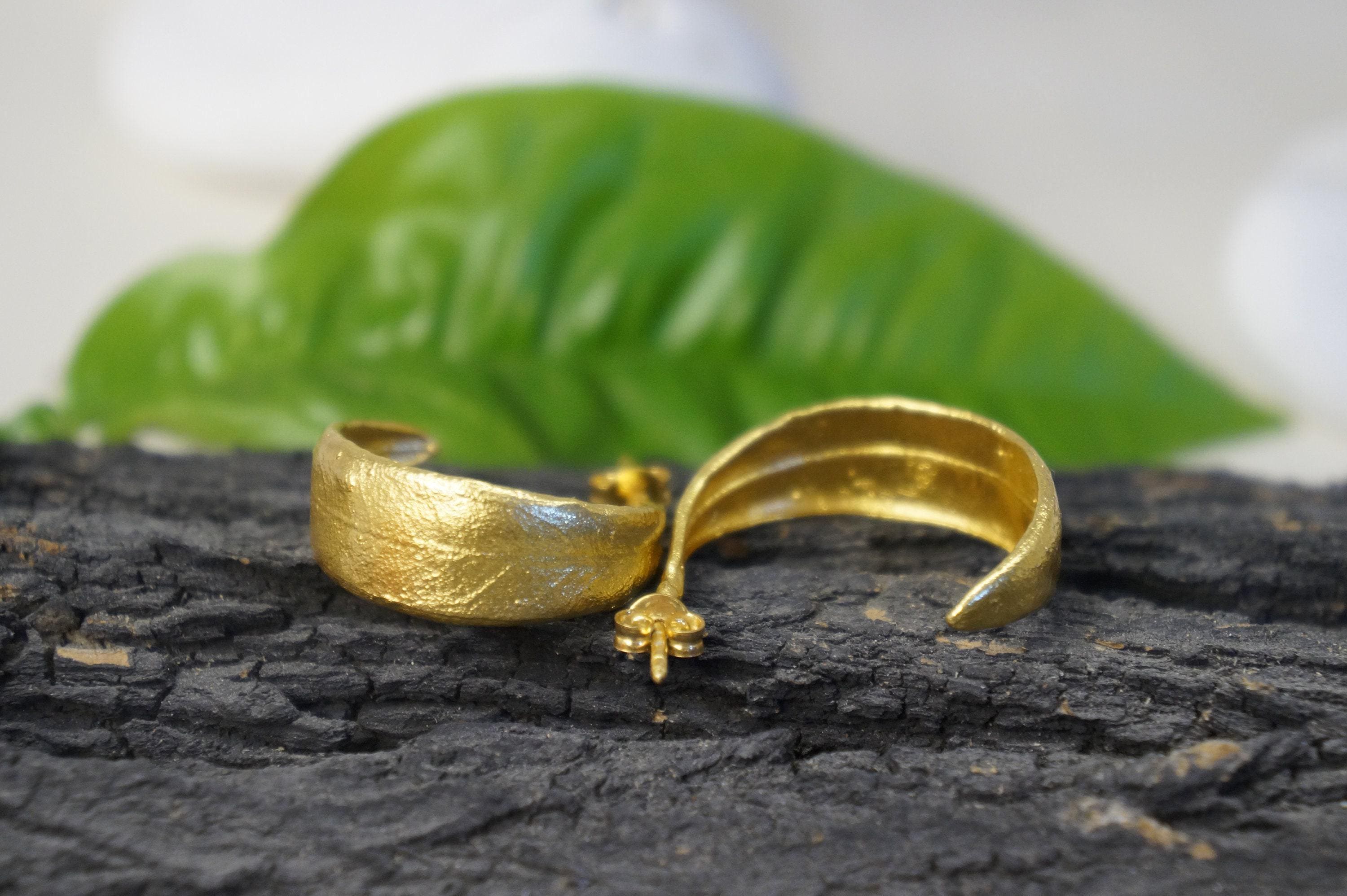 Gold Olive Leaf Earrings, Handmade Nature Jewelry, Organic Tree Hoops, Gift for Resilience & Growth, Eco Sustainable Sterling Silver 925