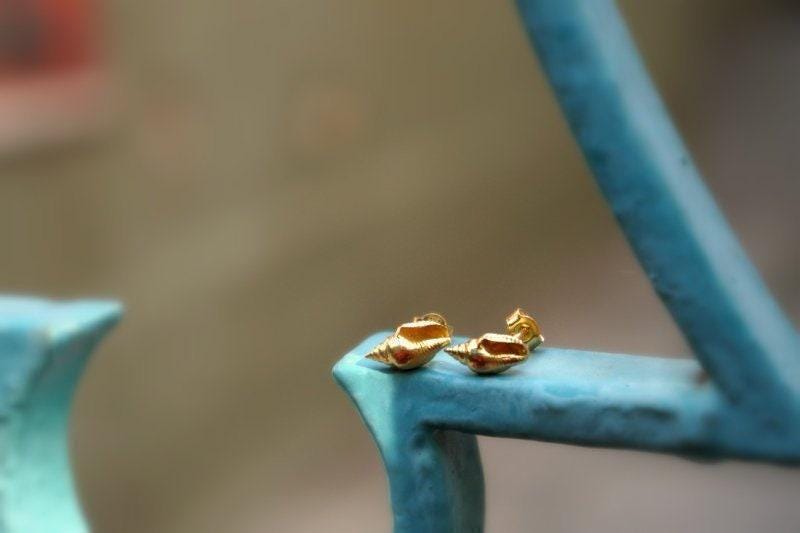 Dainty Sea Shell Earrings, Handmade Minimalist Jewelry, Organic Beach Studs, Gift for Rejuvenation & Luck, Gold on Sterling Silver 925