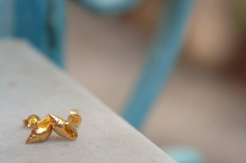 Dainty Sea Shell Earrings, Handmade Minimalist Jewelry, Organic Beach Studs, Gift for Rejuvenation & Luck, Gold on Sterling Silver 925