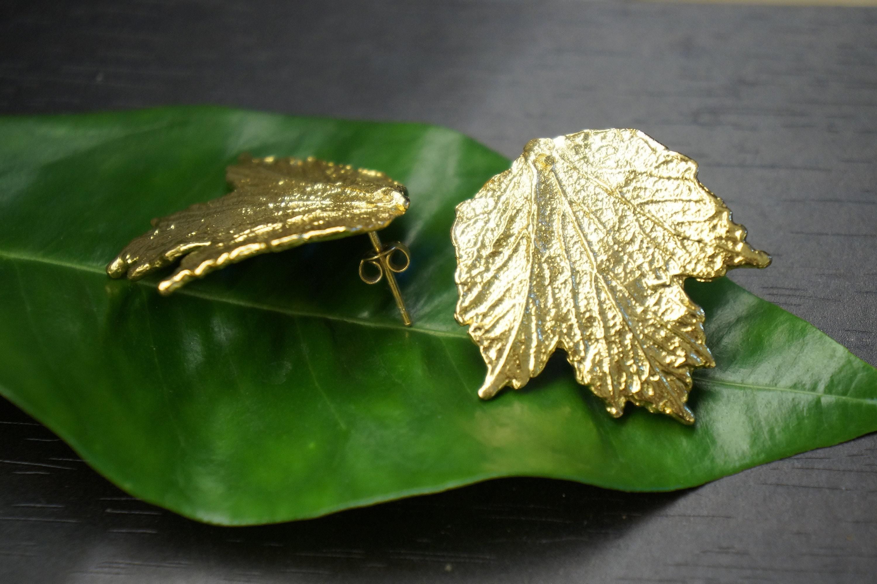 Real Bourbon Rose Leaf Earrings, Handmade Statement Jewelry, Organic Nature Studs, Gift for Health & Elegance, Gold or Sterling Silver 925