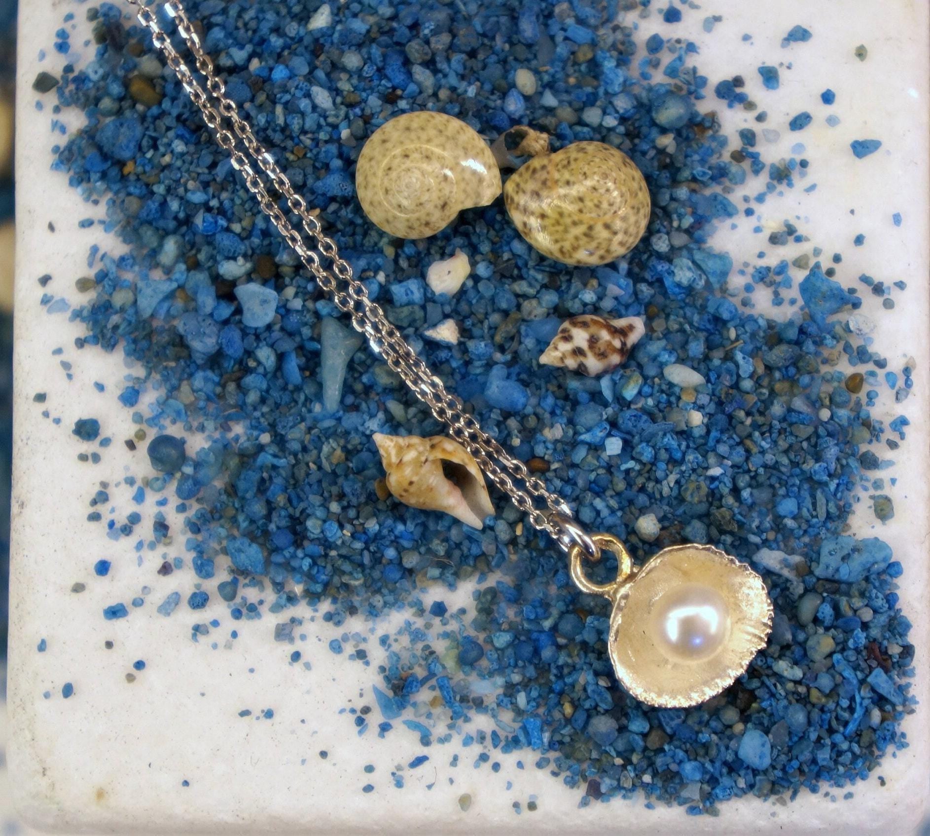 Real Sea Shell Pearl Pendant, Sterling Silver 925 Dainty Necklace with Chain, Handmade Minimalist Jewelry Gift, Birthday Gift for Women