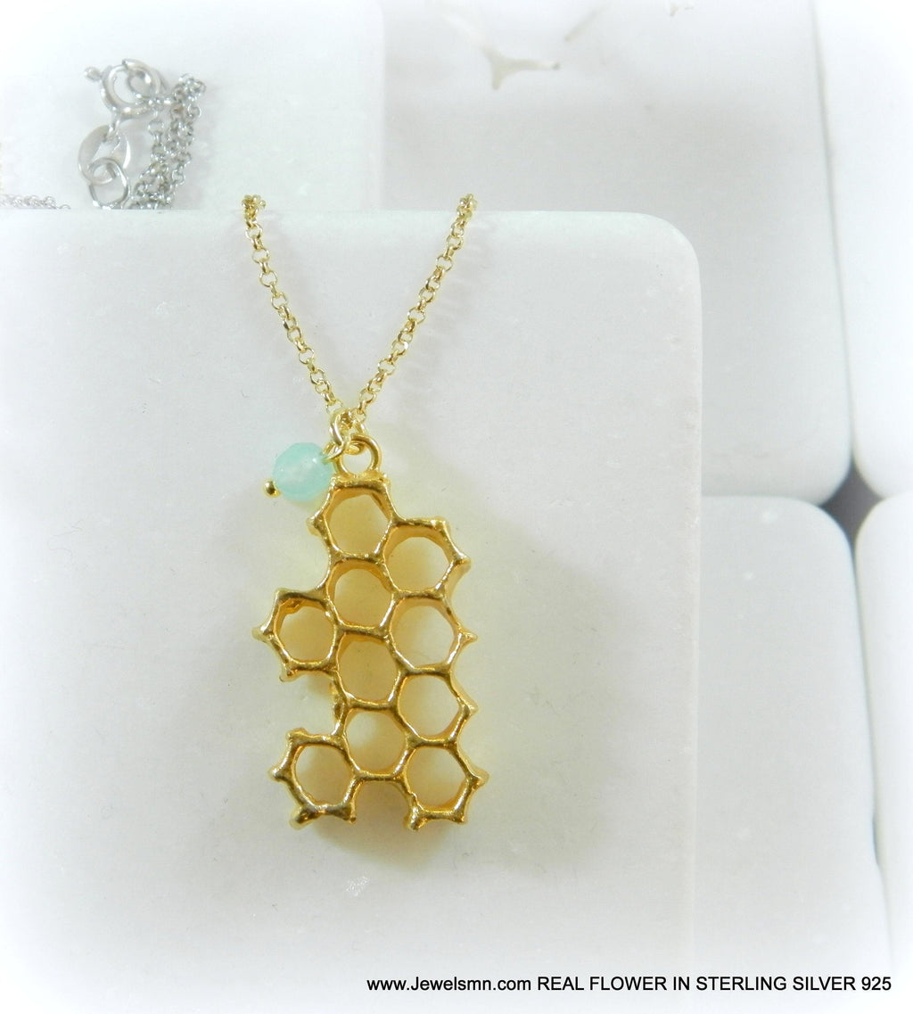 Real Honeycomb Gold Necklace, Handmade Nature Jewelry, Organic Bee Pendant, Gift for Health & Prosperity, Gold or Sterling Silver 925
