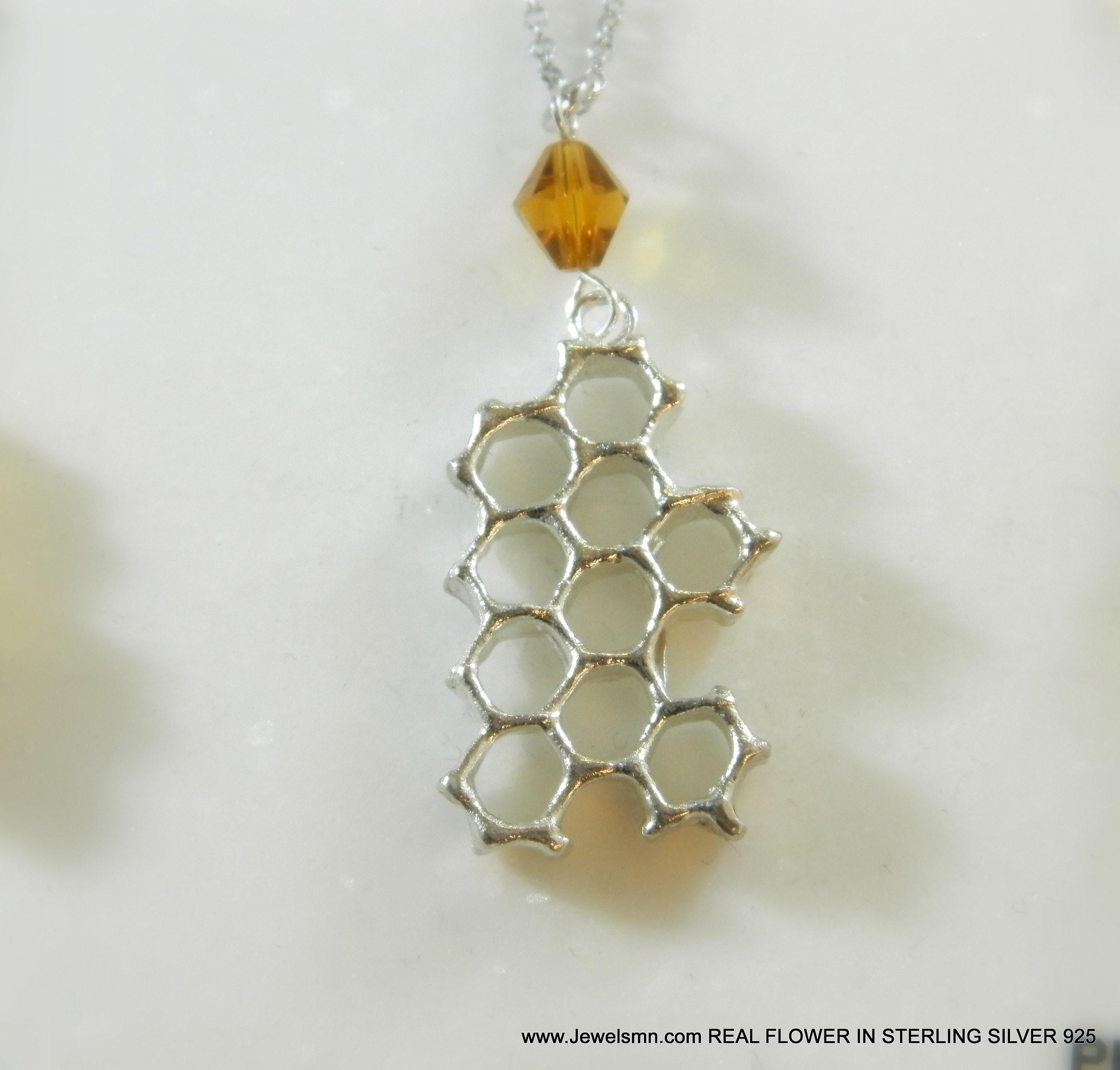 Real Honeycomb Gold Necklace, Handmade Nature Jewelry, Organic Bee Pendant, Gift for Health & Prosperity, Gold or Sterling Silver 925