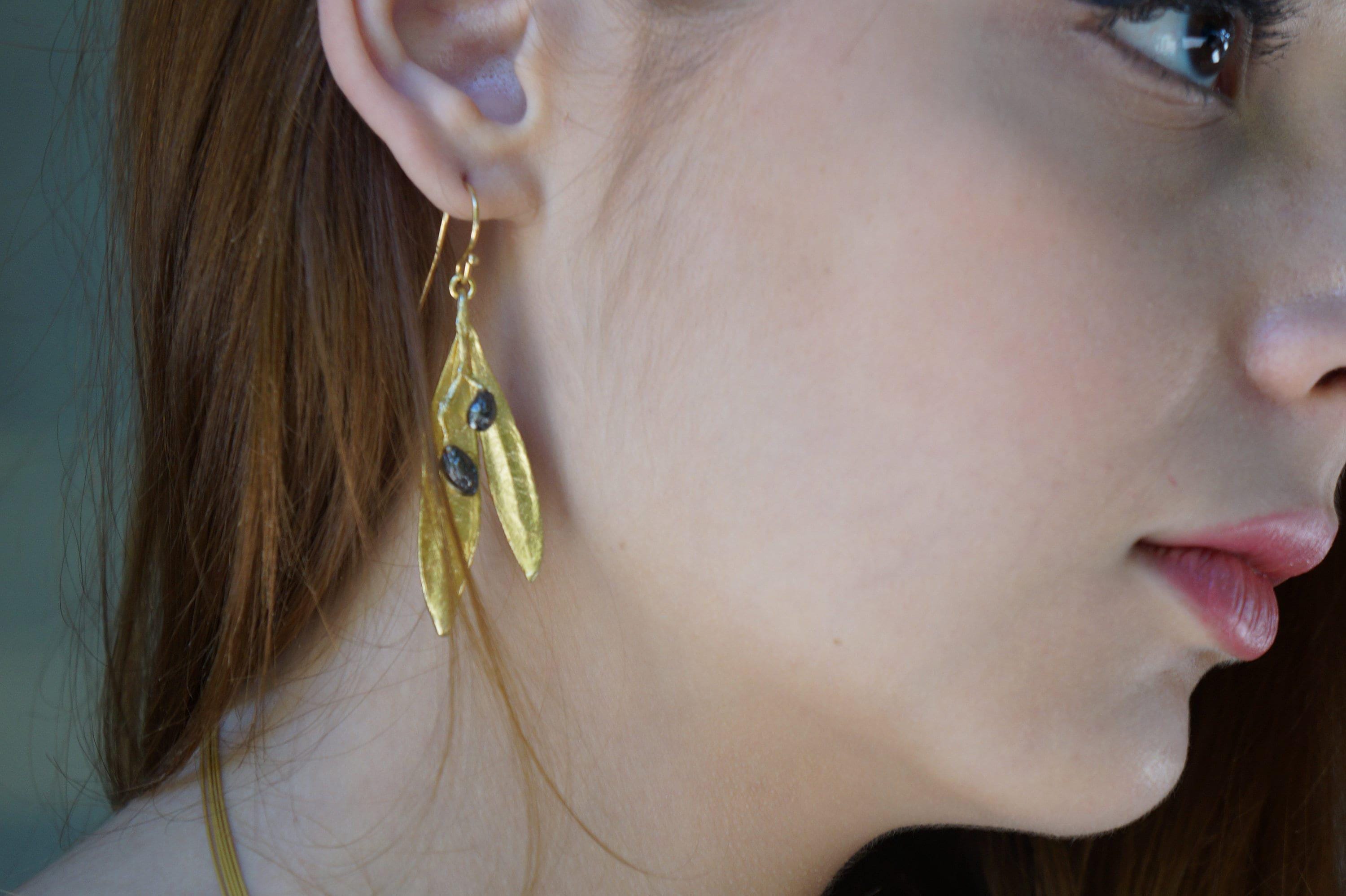 Real Olive Leaf Earrings, Handmade Minimalist Jewelry, Organic Dangles with Fruit Detail, Gift for Luck & Health, Sterling Silver 925