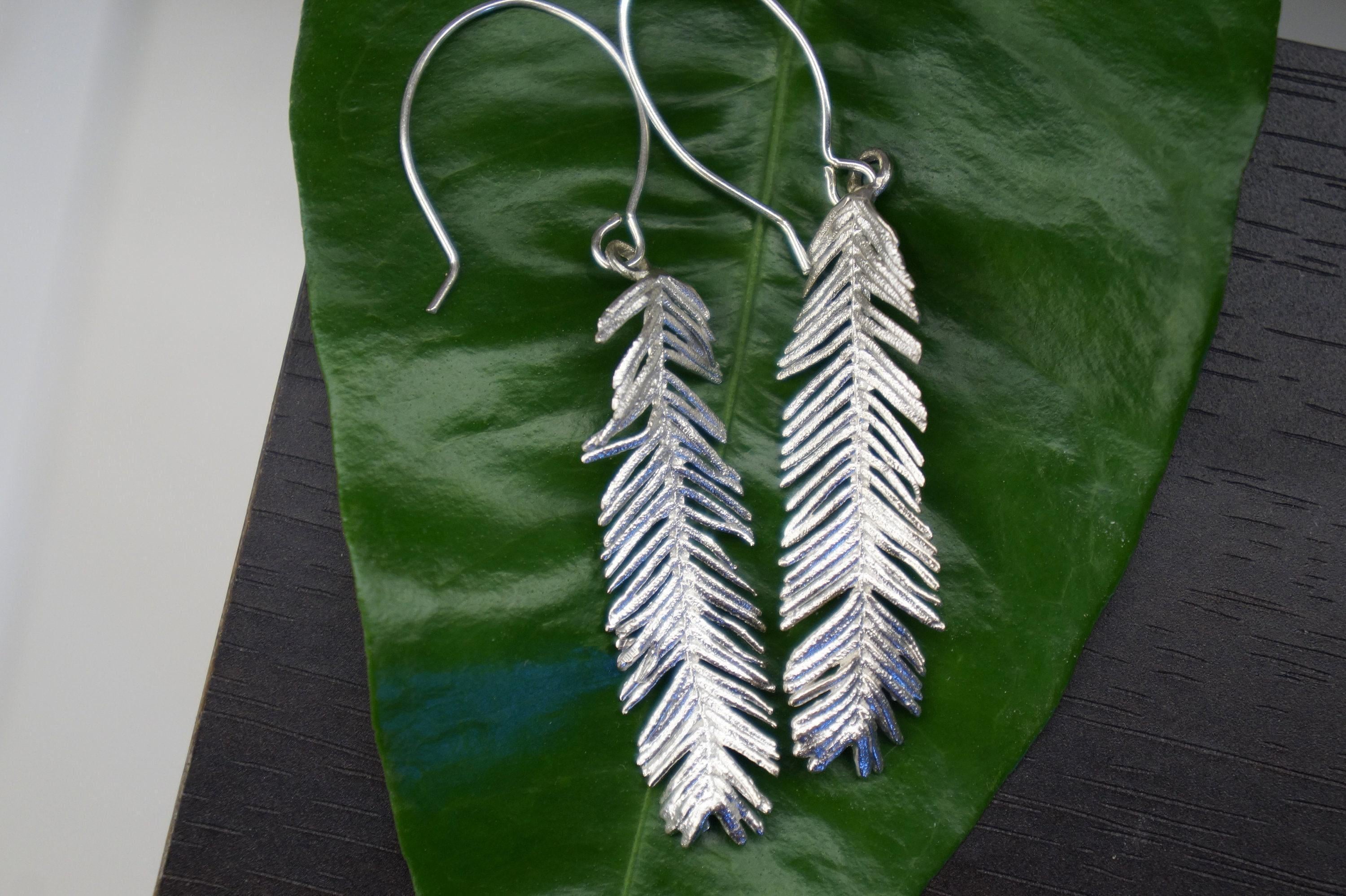 Gold Acacia Leaf Earrings, Handmade Nature Jewelry, Organic Forest Dangles, Gift for Success & Vitality, Eco Sustainable Sterling Silver 925