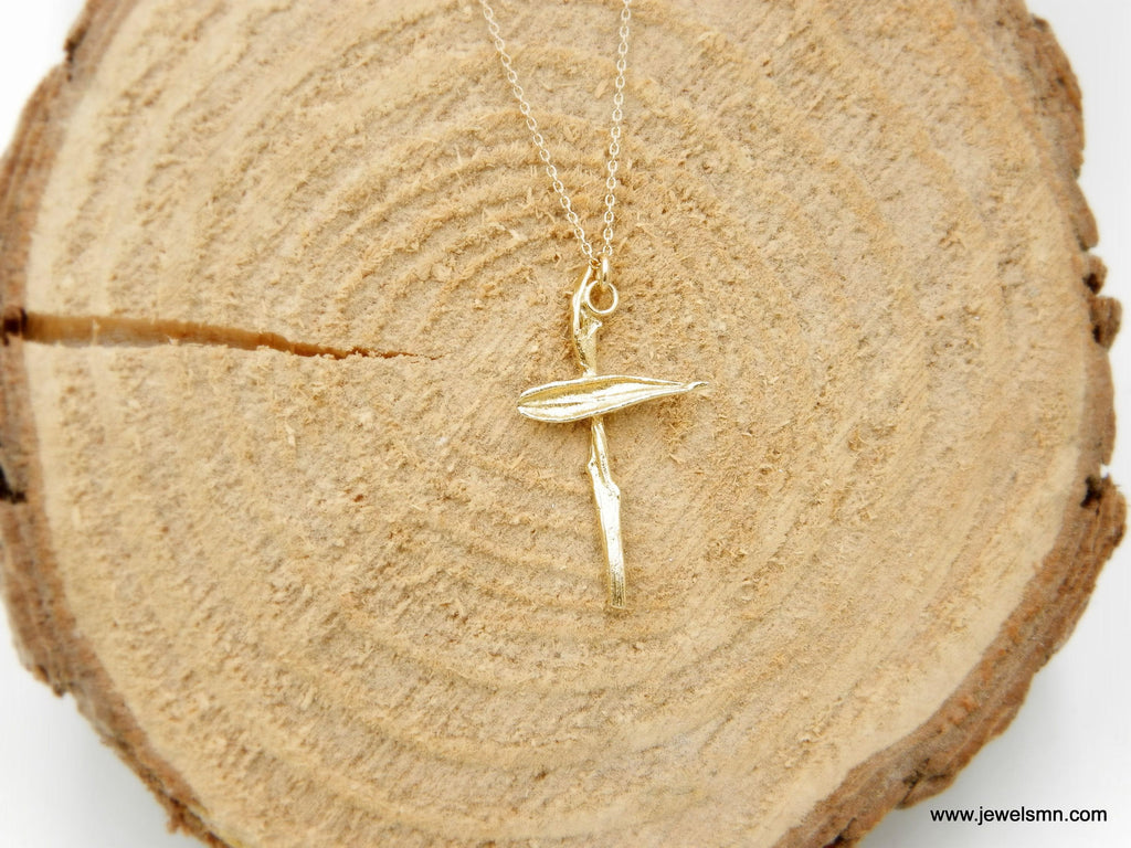 Solid Gold Cross necklace, European Handmade, meaningful religious jewelry, Olive Twig pendant, Modern cross aesthetic Gift