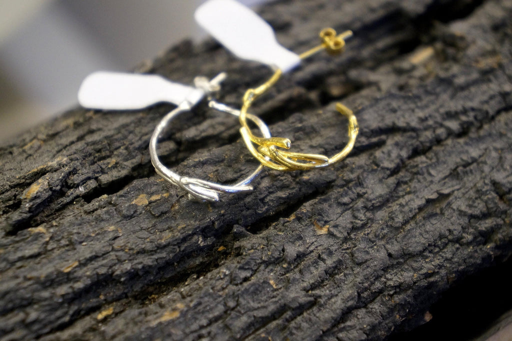 Real Jasmine Branch Gold Earrings, Handmade Minimalist Jewelry, Organic Forest Hoops, Dainty Gift for Health & Luck, Sterling Silver 925
