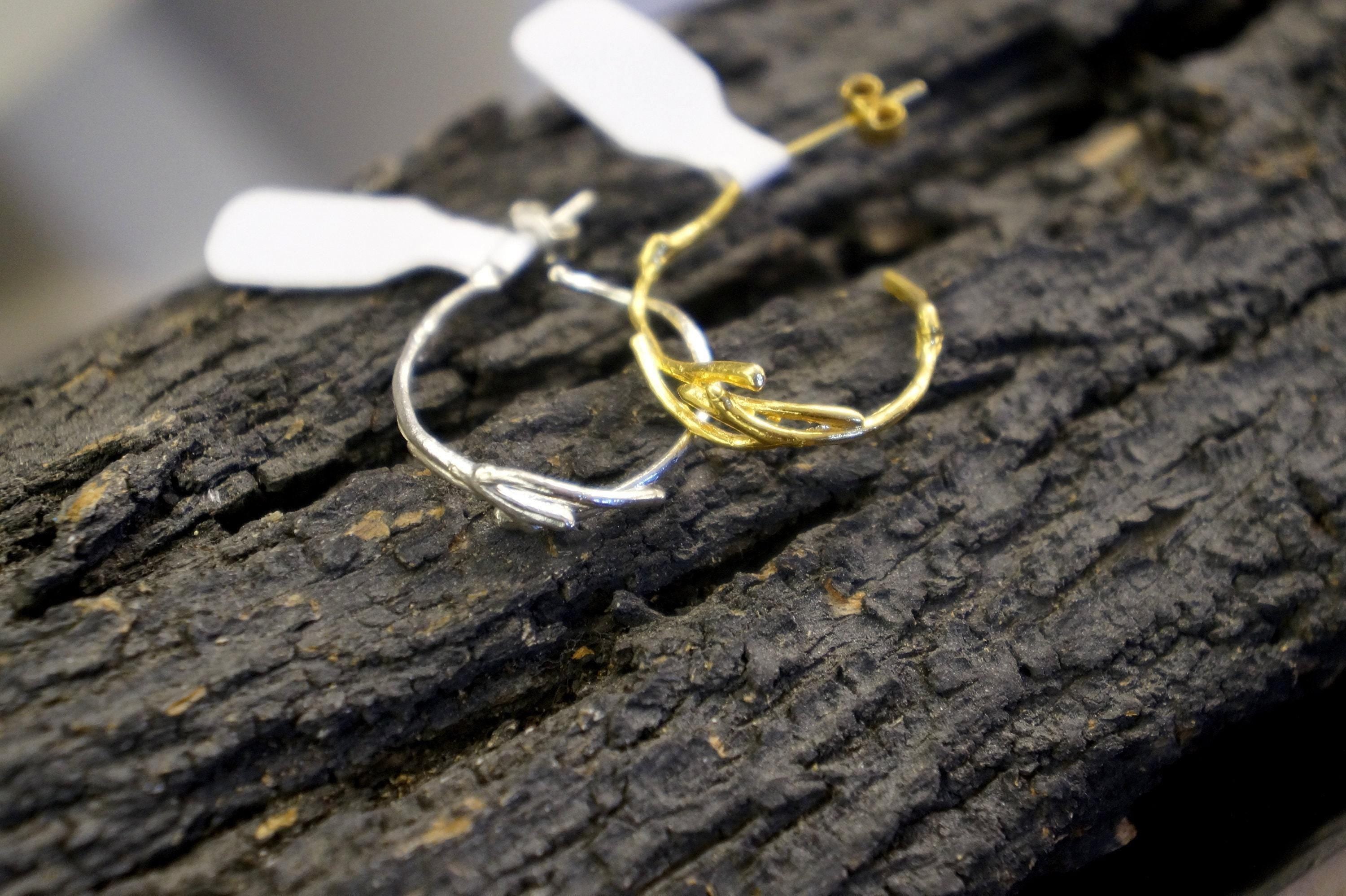 Real Jasmine Branch Gold Earrings, Handmade Minimalist Jewelry, Organic Forest Hoops, Dainty Gift for Health & Luck, Sterling Silver 925