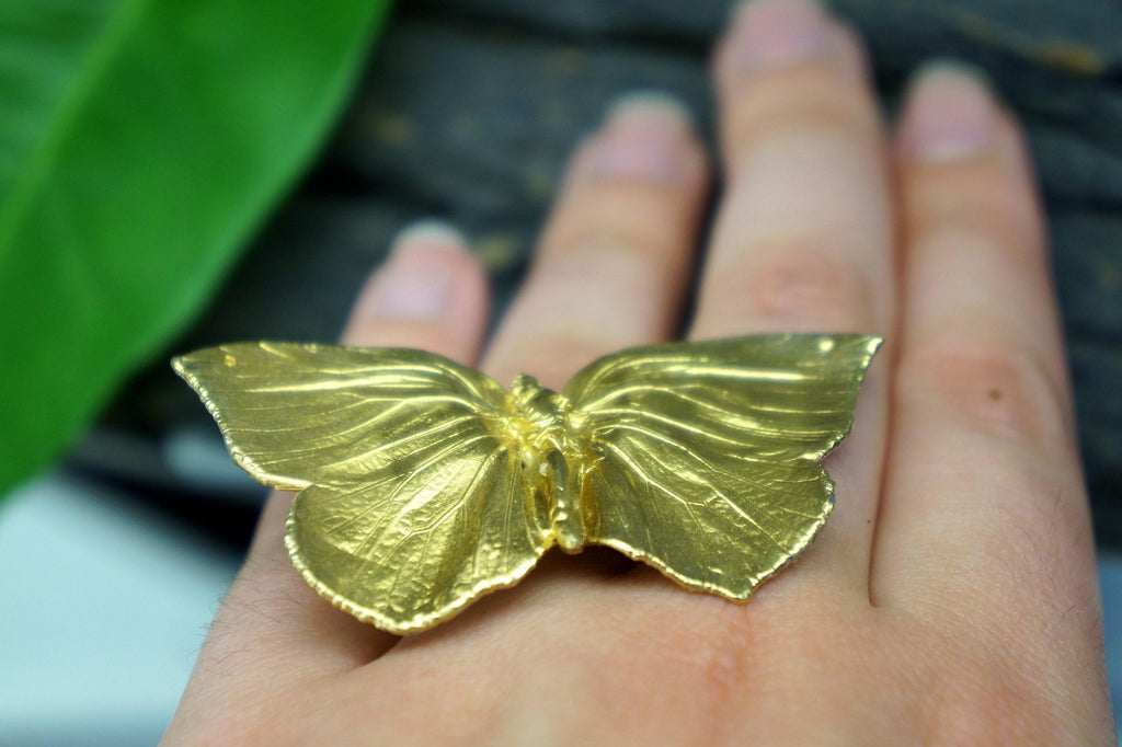 Real Butterfly Gold Ring, Handmade Nature Jewelry, Organic Band with Wings, Gift for Freedom & Health, Sterling Silver 925