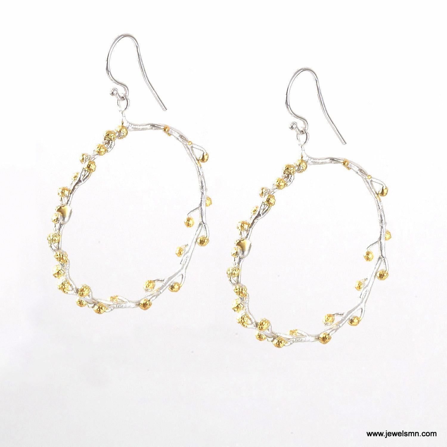 Real Mimosa Branch Earrings, Handmade Nature Jewelry, Organic Forest Hoops, Gift for Vitality & Luck, Gold on Sterling Silver 925