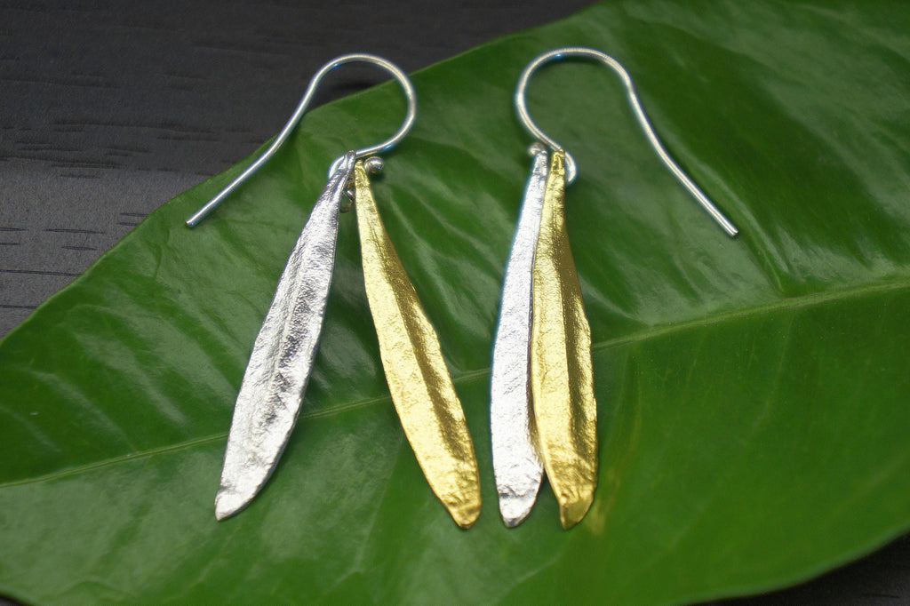 Real Olive Leaf Earrings, Handmade Nature Jewelry, Organic Dual Dangles, Gift for Vitality & Success, Gold and Sterling Silver 925