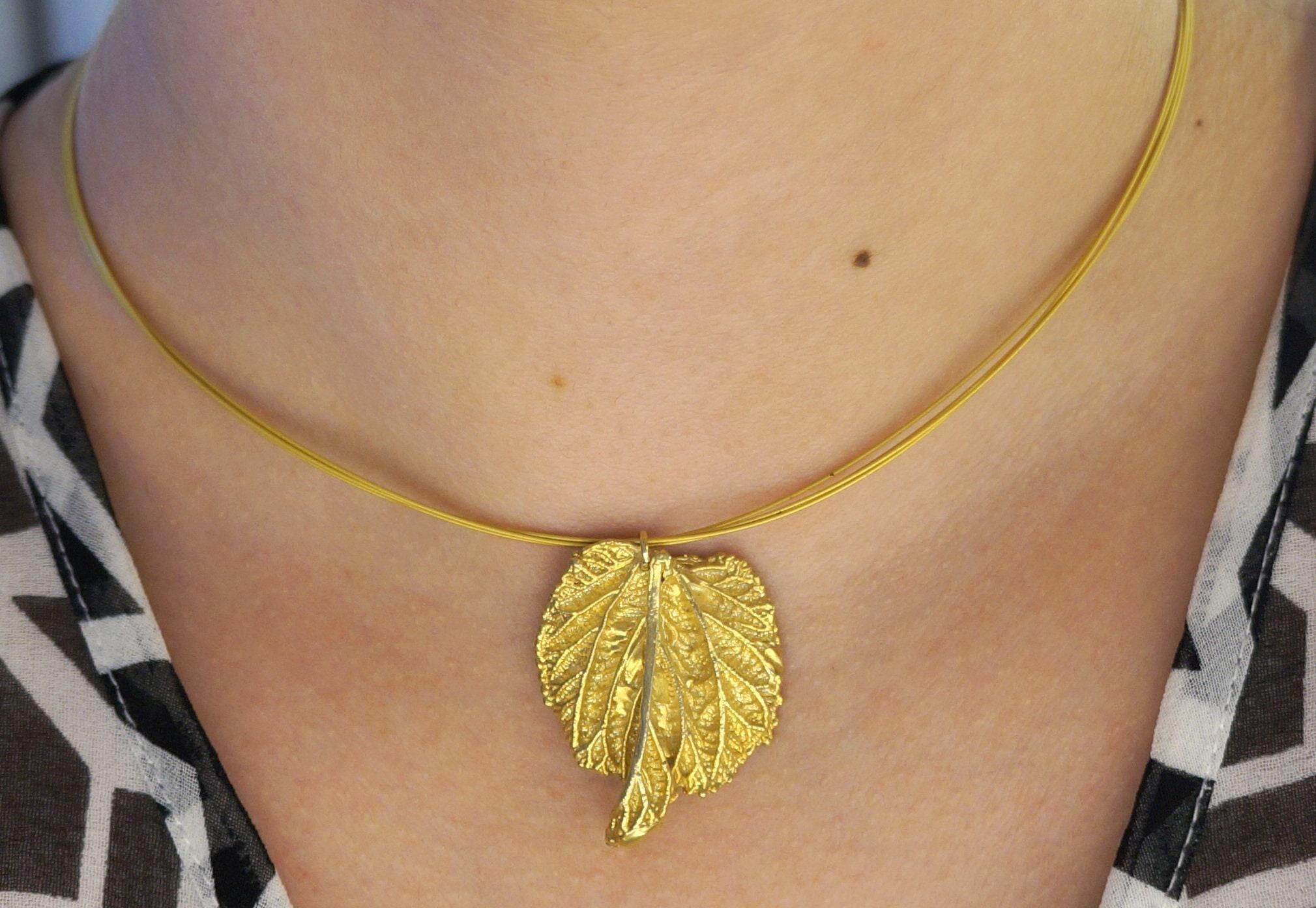 Real Mulberry Leaf Necklace, Handmade Nature Jewelry, Organic Gold Pendant, Gift for Rejuvenation & Health, Sterling Silver 925