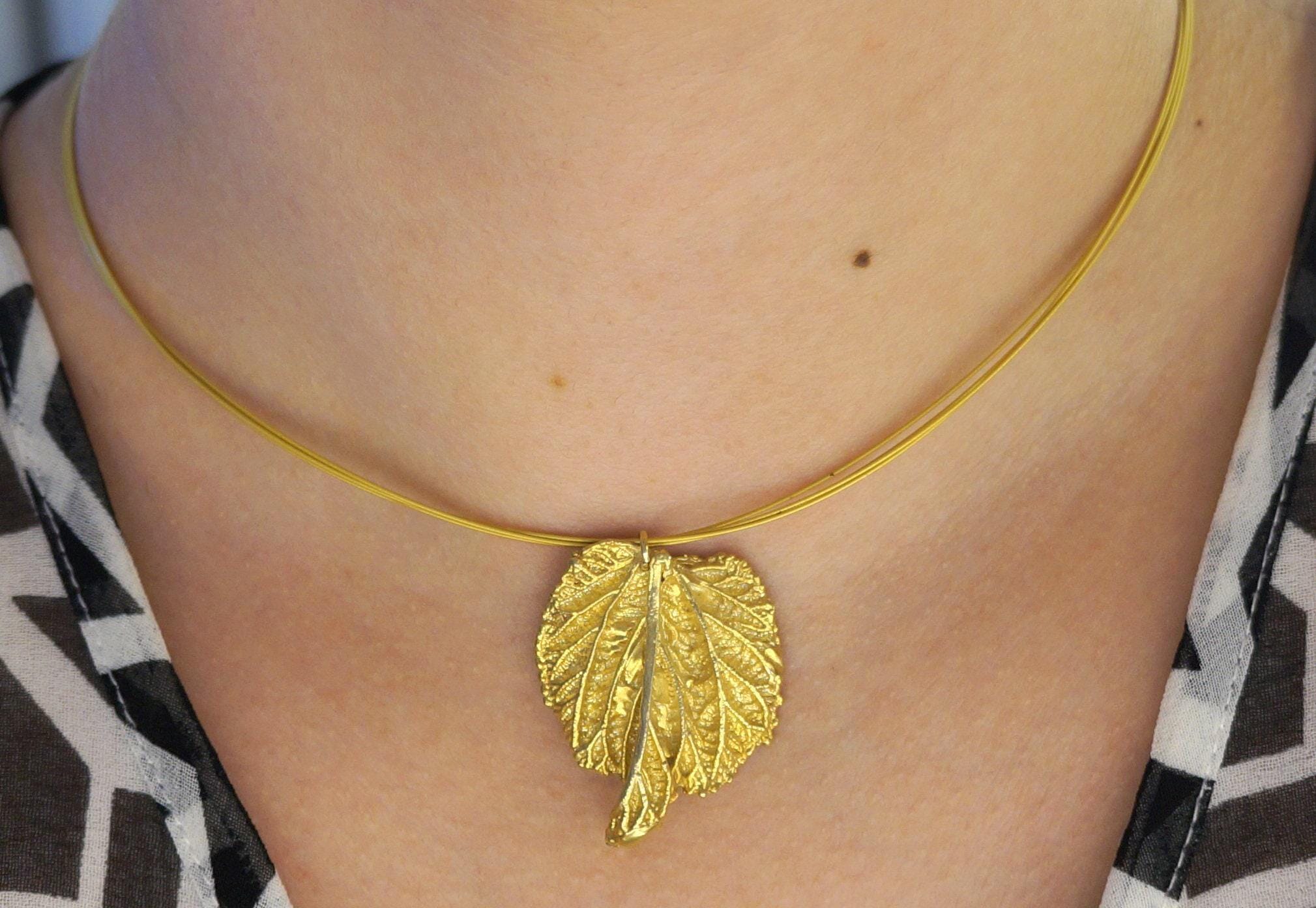 Real Mulberry Leaf Necklace, Handmade Nature Jewelry, Organic Gold Pendant, Gift for Rejuvenation & Health, Sterling Silver 925