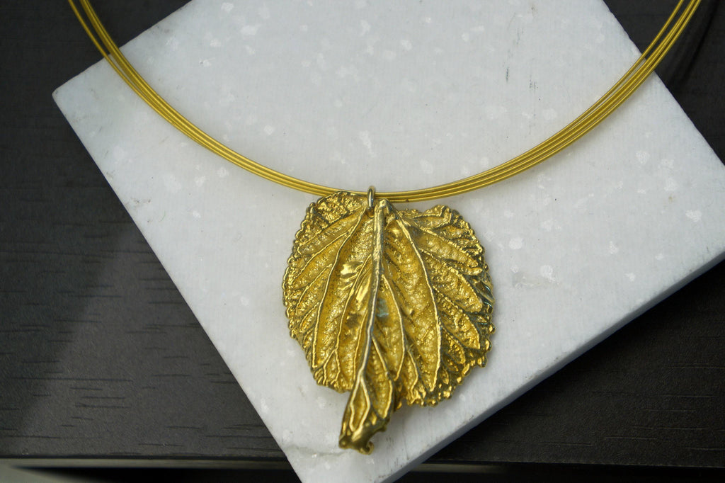 Real Mulberry Leaf Necklace, Handmade Nature Jewelry, Organic Gold Pendant, Gift for Rejuvenation & Health, Sterling Silver 925