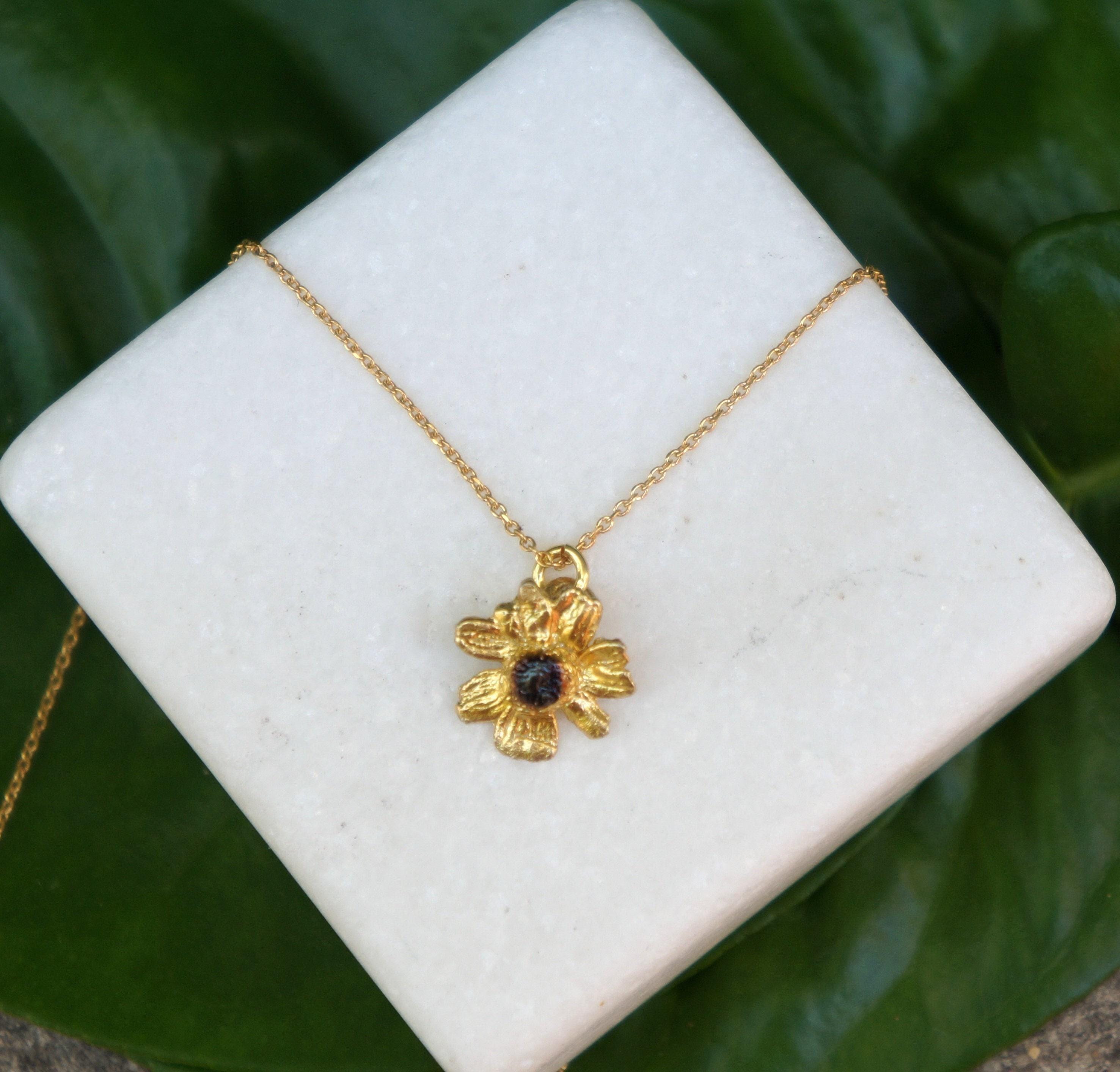 Real Chamomile Flower Necklace, 14K Gold Plated Sterling Silver 925 Pendant, Handmade Minimalist Jewelry Gift, Birthday Boho Gift for Women