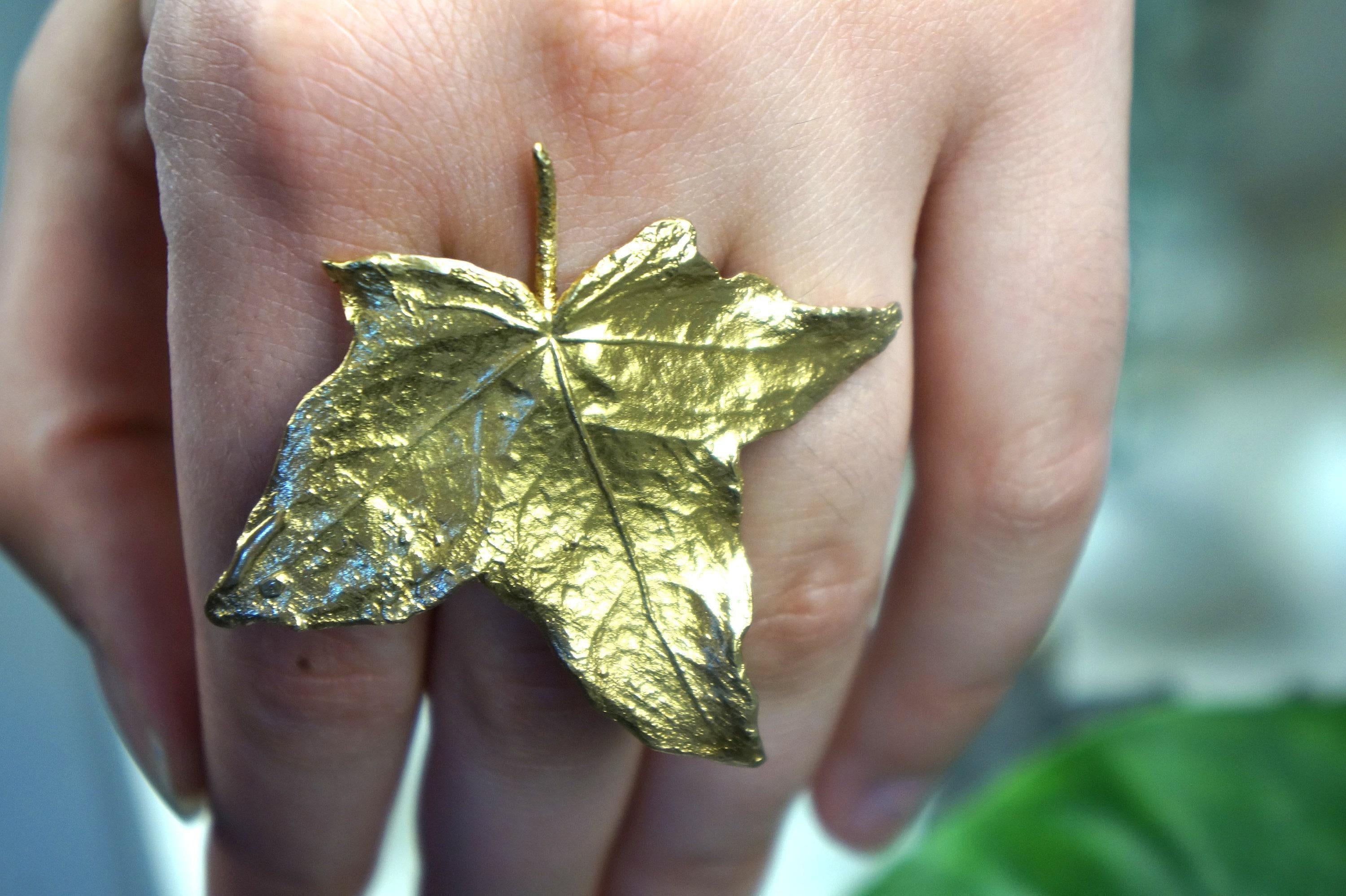 Real Ivy Leaf Gold Ring, Handmade Nature Jewelry, Organic Statement Band, Gift for Health & Luck, Eco Sustainable Sterling Silver 925