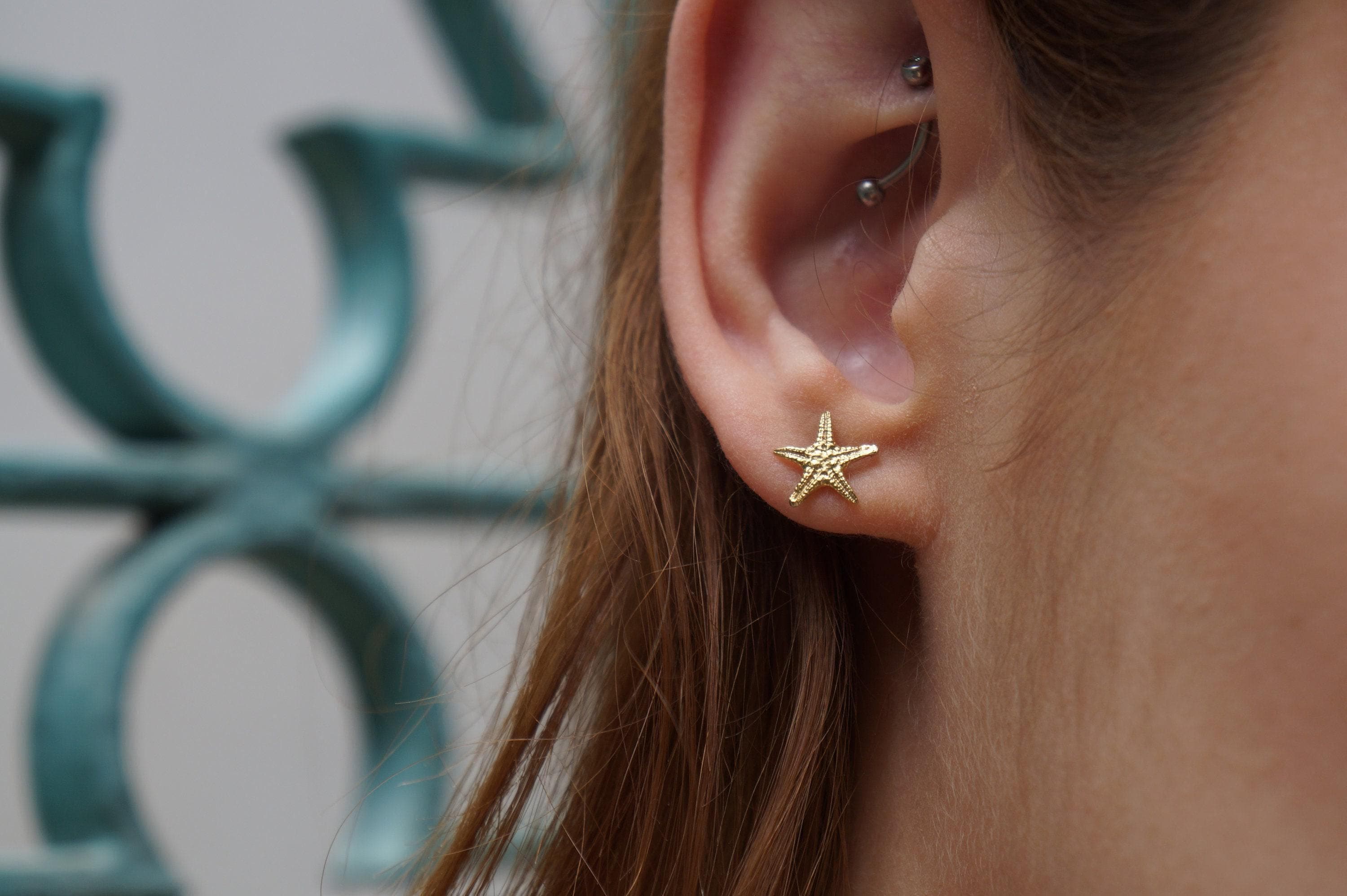 Solid Gold Starfish Stud Earrings - Dainty Yellow, White, Rose