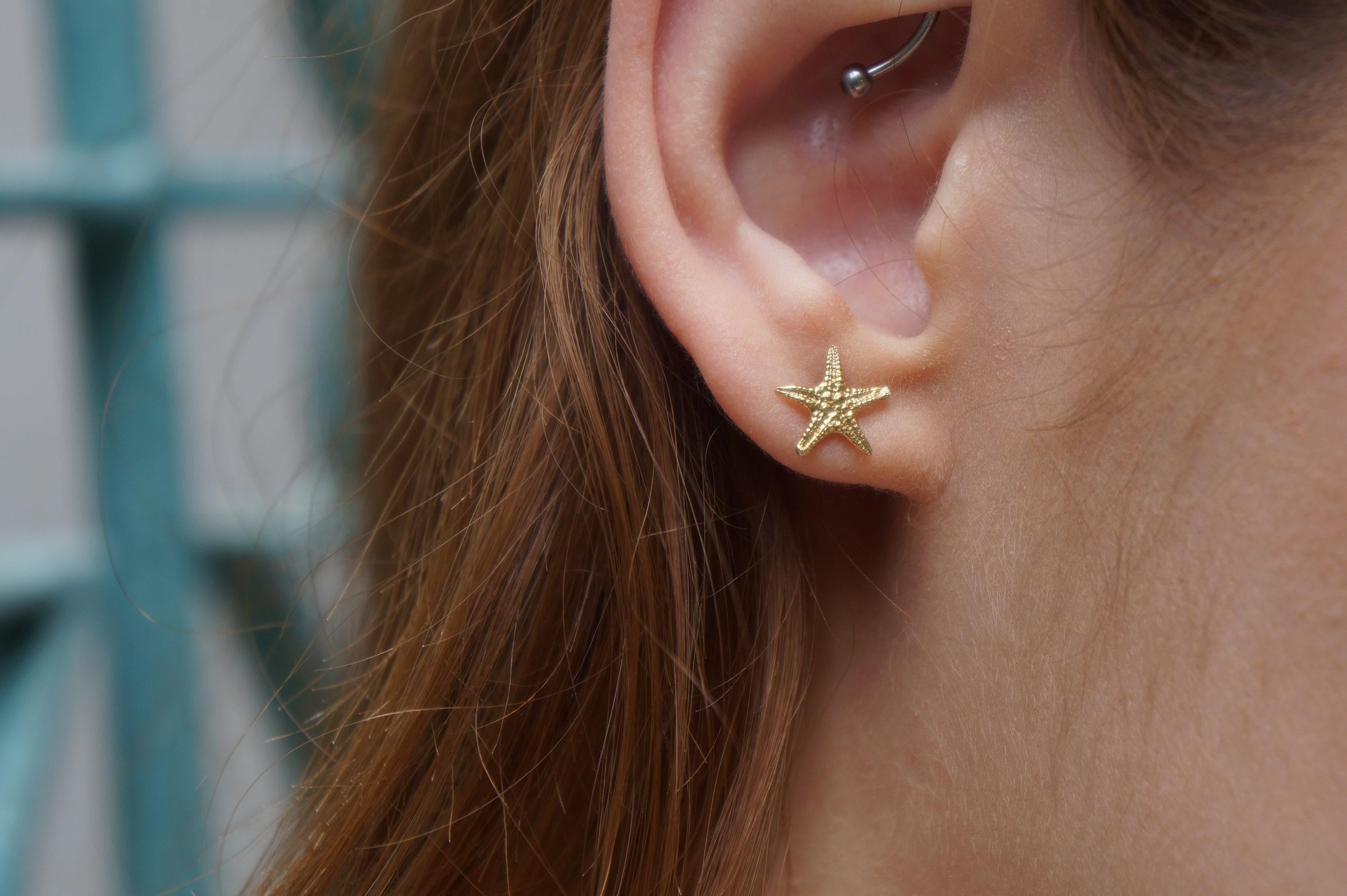 Solid Gold Starfish Stud Earrings - Dainty Yellow, White, Rose