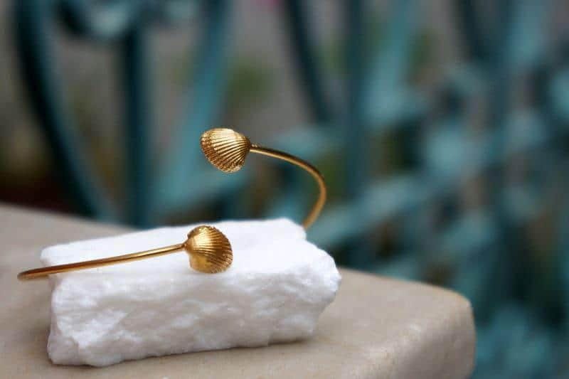 Gold Sea Shell Bracelet, Handmade Nature Jewelry, Real Ocean Cuff, Gift for Luck & Vitality, Eco Sustainable Sterling Silver 925