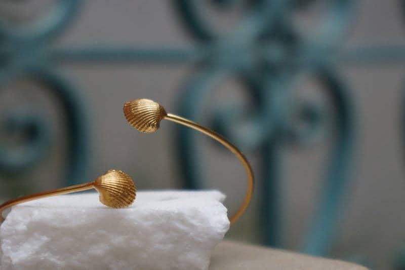 Gold Sea Shell Bracelet, Handmade Nature Jewelry, Real Ocean Cuff, Gift for Luck & Vitality, Eco Sustainable Sterling Silver 925