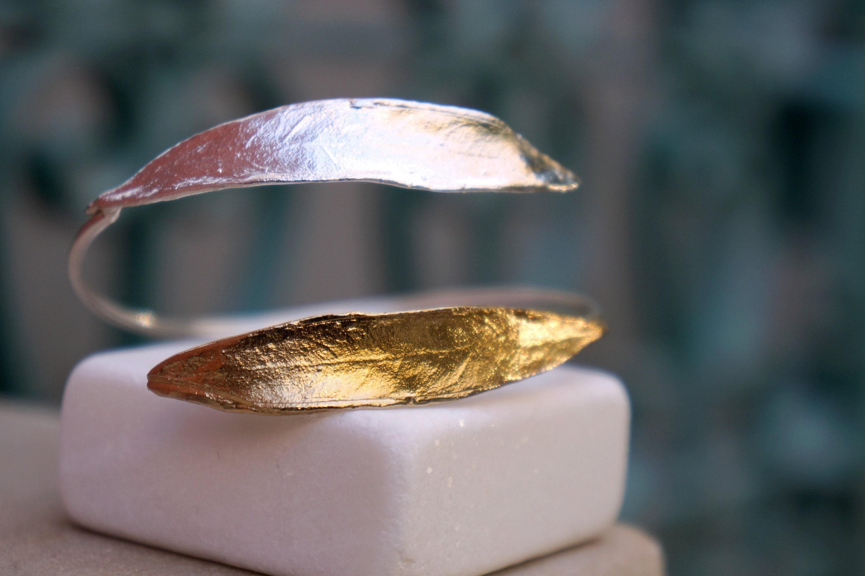 Gold Olive Leaf Bracelet, Gold-Plated Sterling Silver Jewelry, Gold-Silver Cuff, Gift for Her, Birthday Gift for Women, Handmade Jewelry