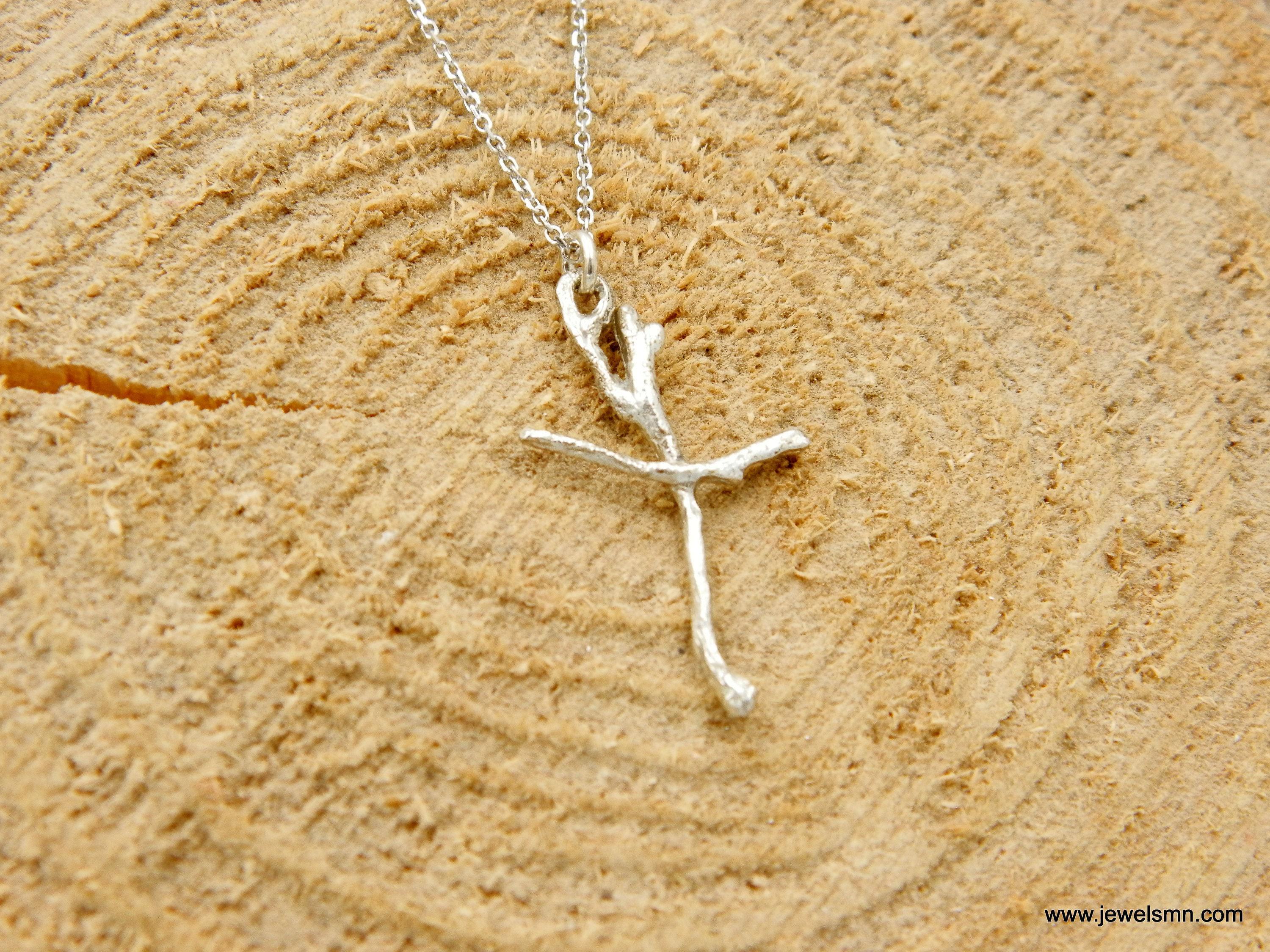 Real Jasmine Branch Cross Necklace, Handmade Minimalist Jewelry, Organic Twig Pendant, Gift for Faith & Protection, Sterling Silver 925