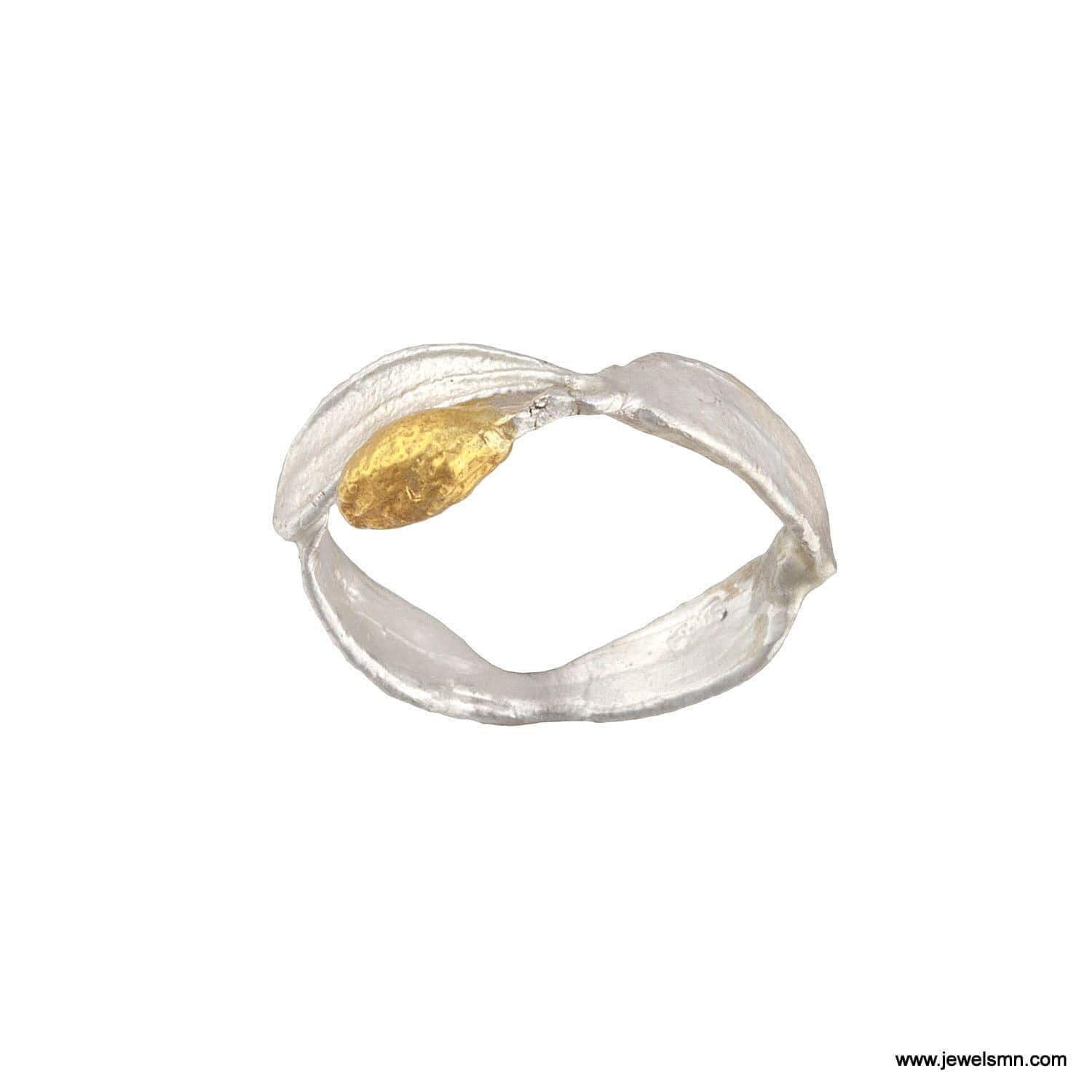 Real Olive Leaf Ring, Handmade Minimalist Jewelry, Organic Tree Band with Fruit, Gift for Luck & Longevity, Gold on Sterling Silver 925