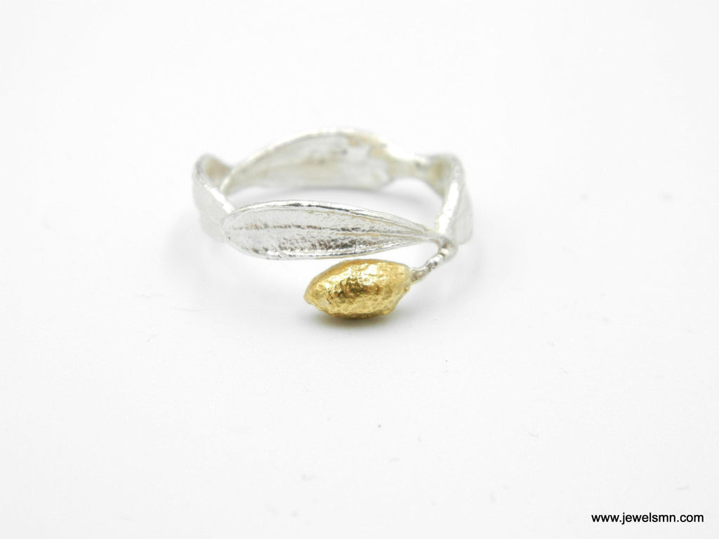 Real Olive Leaf Ring, Handmade Minimalist Jewelry, Organic Tree Band with Fruit, Gift for Luck & Longevity, Gold on Sterling Silver 925