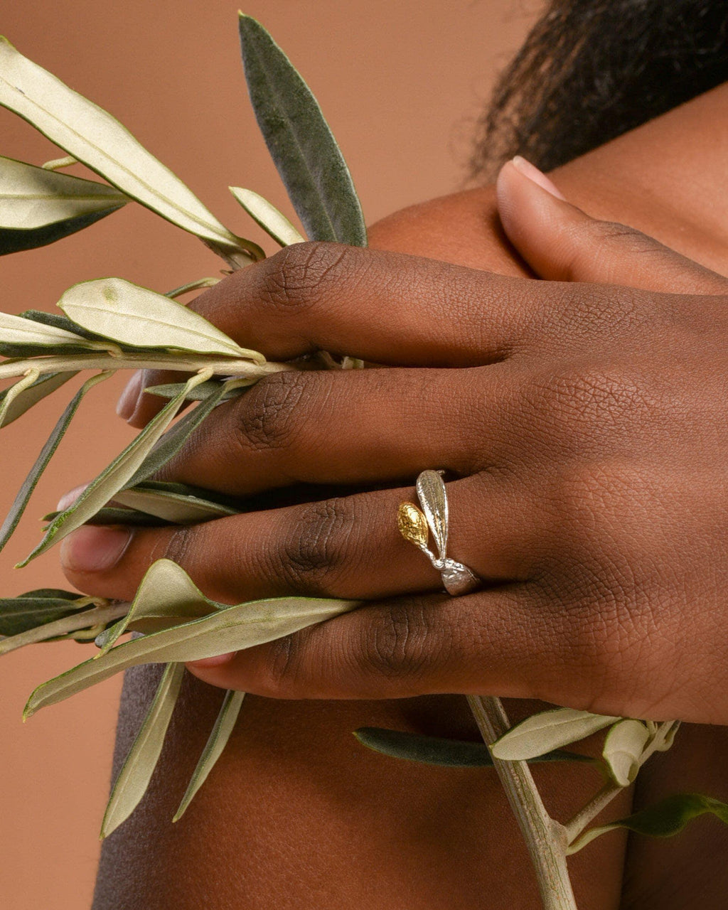 Real Olive Leaf Ring, Handmade Minimalist Jewelry, Organic Tree Band with Fruit, Gift for Luck & Longevity, Gold on Sterling Silver 925