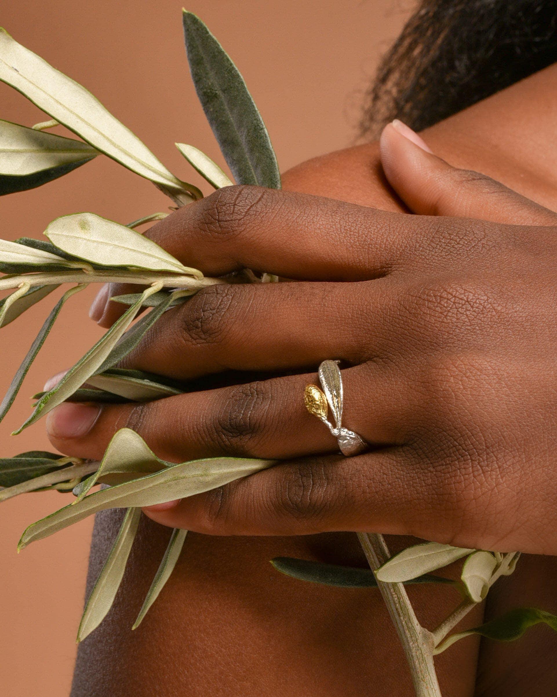 Real Olive Leaf Ring, Handmade Minimalist Jewelry, Organic Tree Band with Fruit, Gift for Luck & Longevity, Gold on Sterling Silver 925