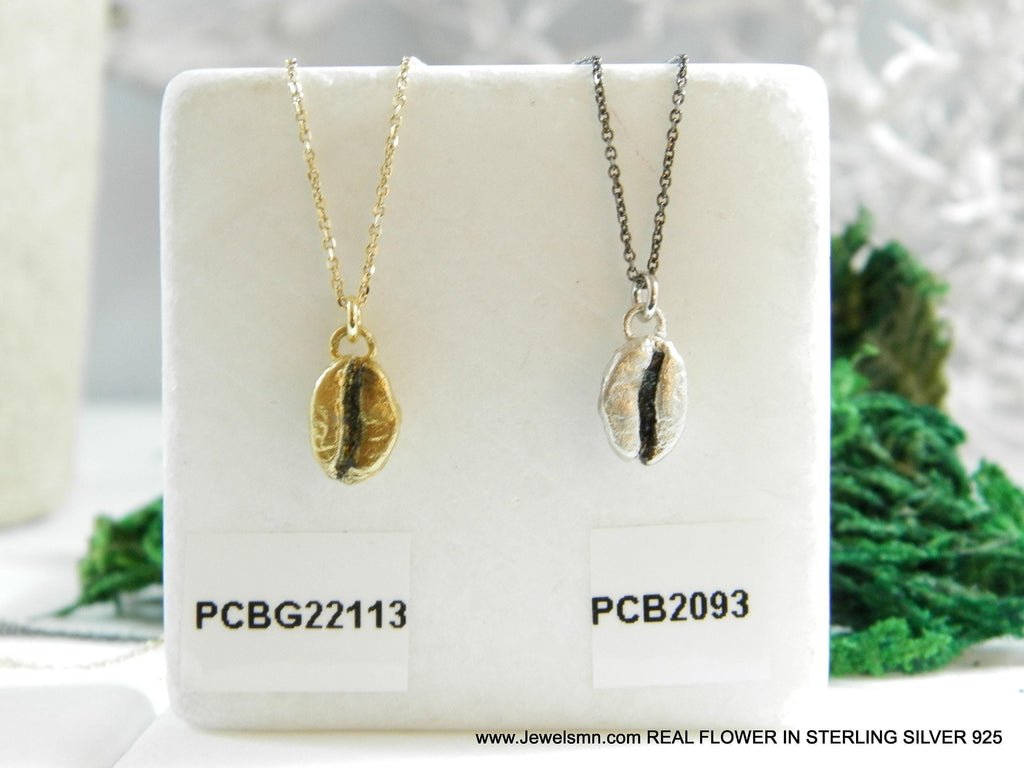Silver Coffee Necklace, Sterling Silver Jewelry, Gold-Plated Silver Necklace, Silver Pendant, Coffee Bean Charm, Silver Charm